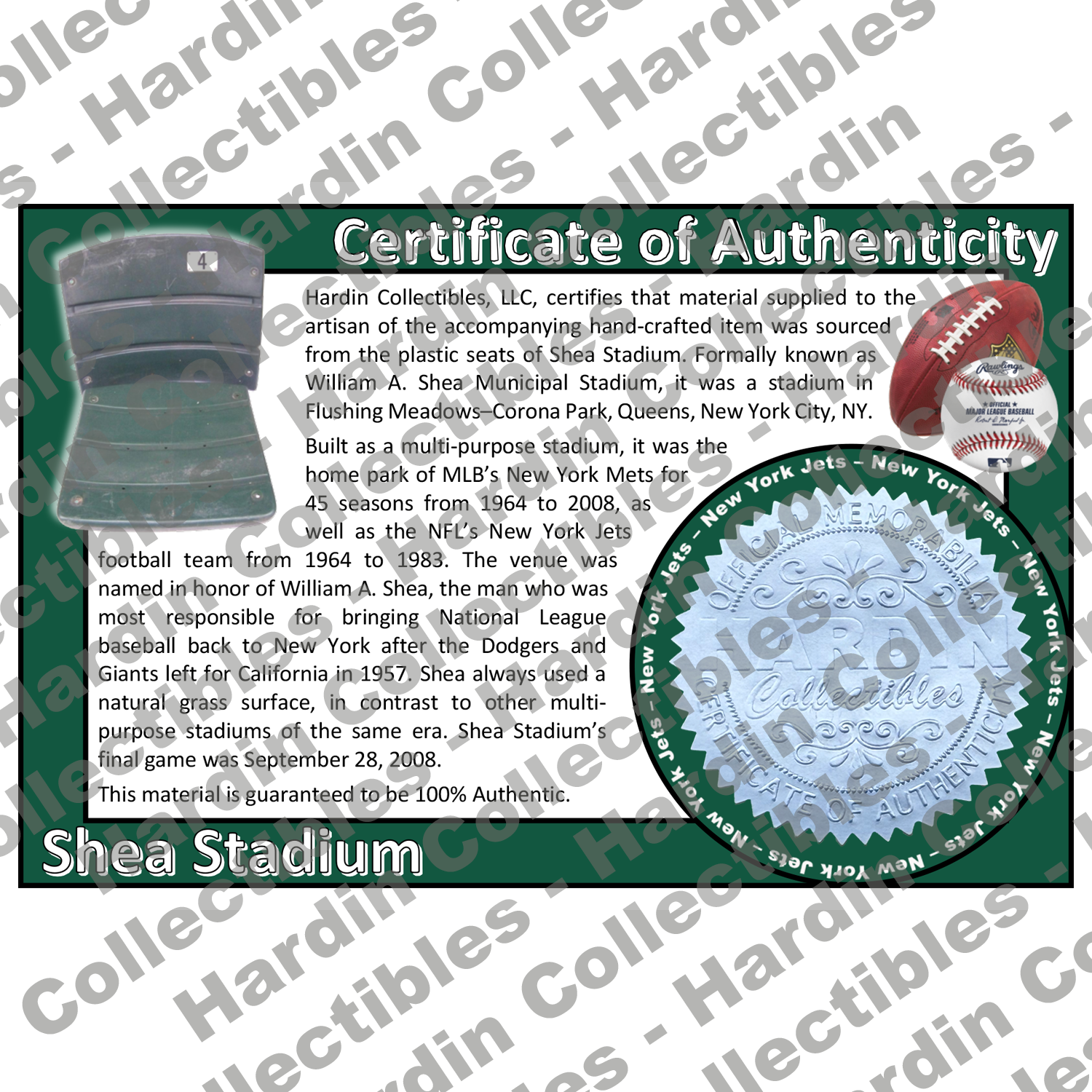 Image of certificate of authenticity for Shea Stadium (New York Jets) - front