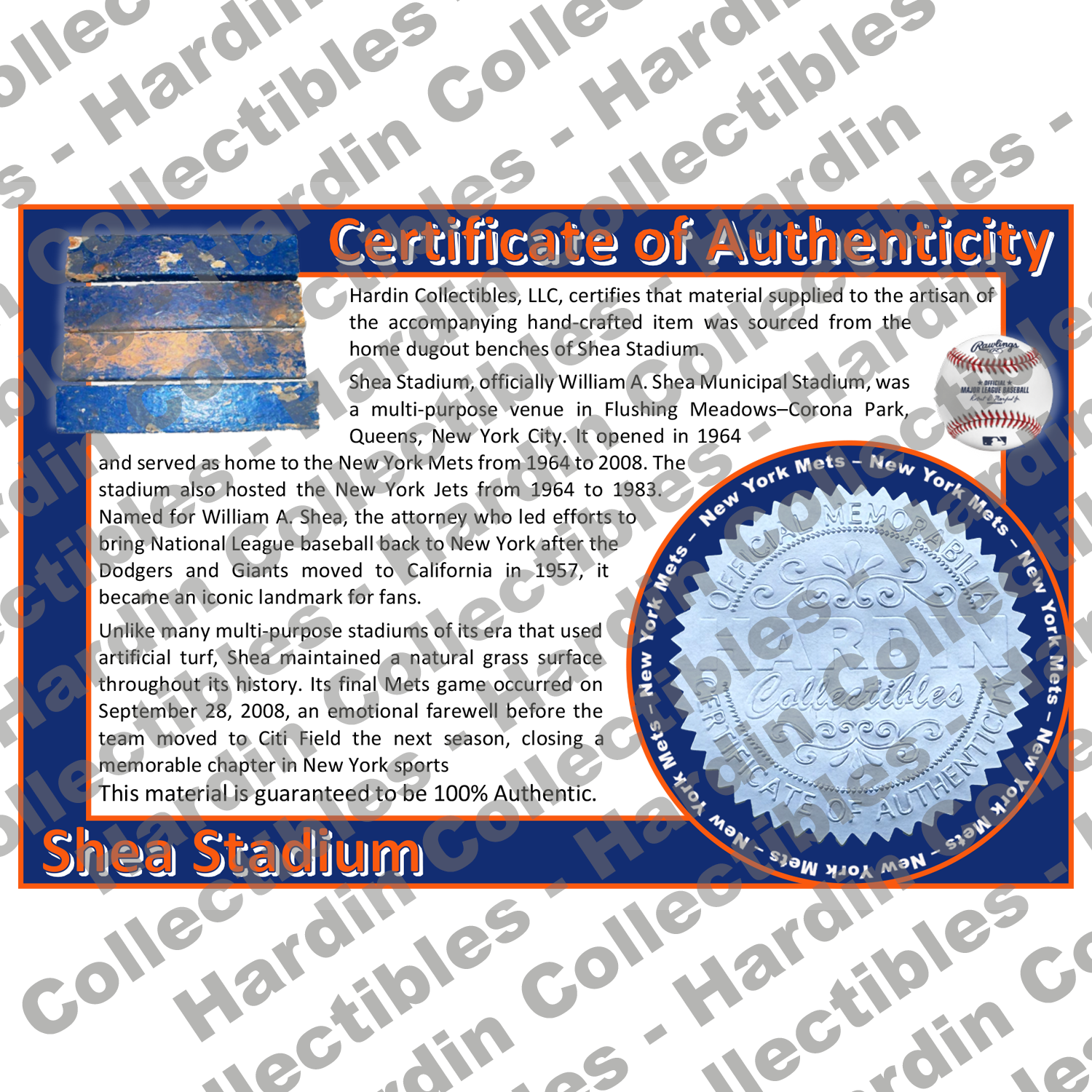 Image of certificate of authenticity for Shea Stadium (New York Mets) [Dugout Bench] - front