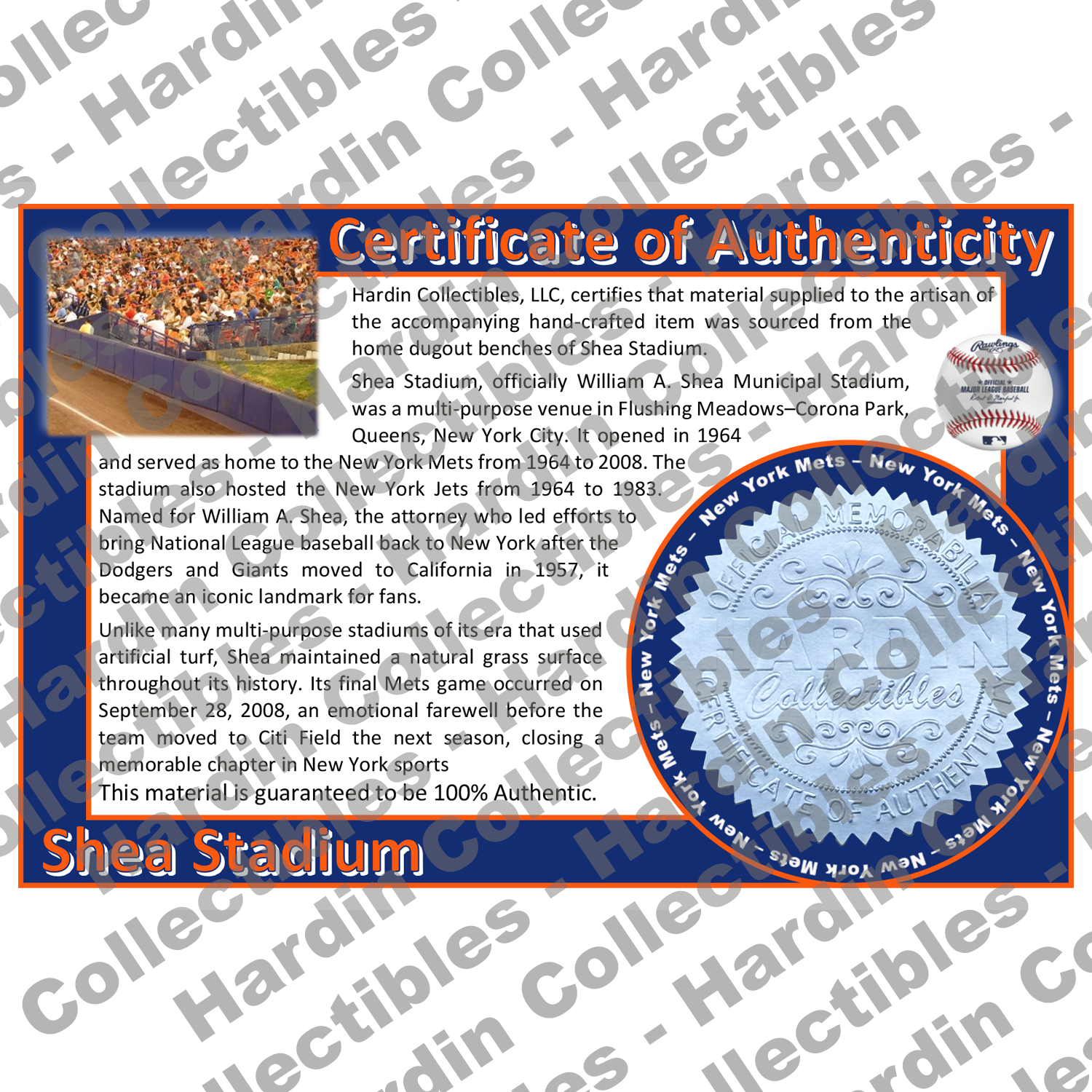 Image of certificate of authenticity for Shea Stadium (New York Mets & New York Jets) [Padded Wall] - front