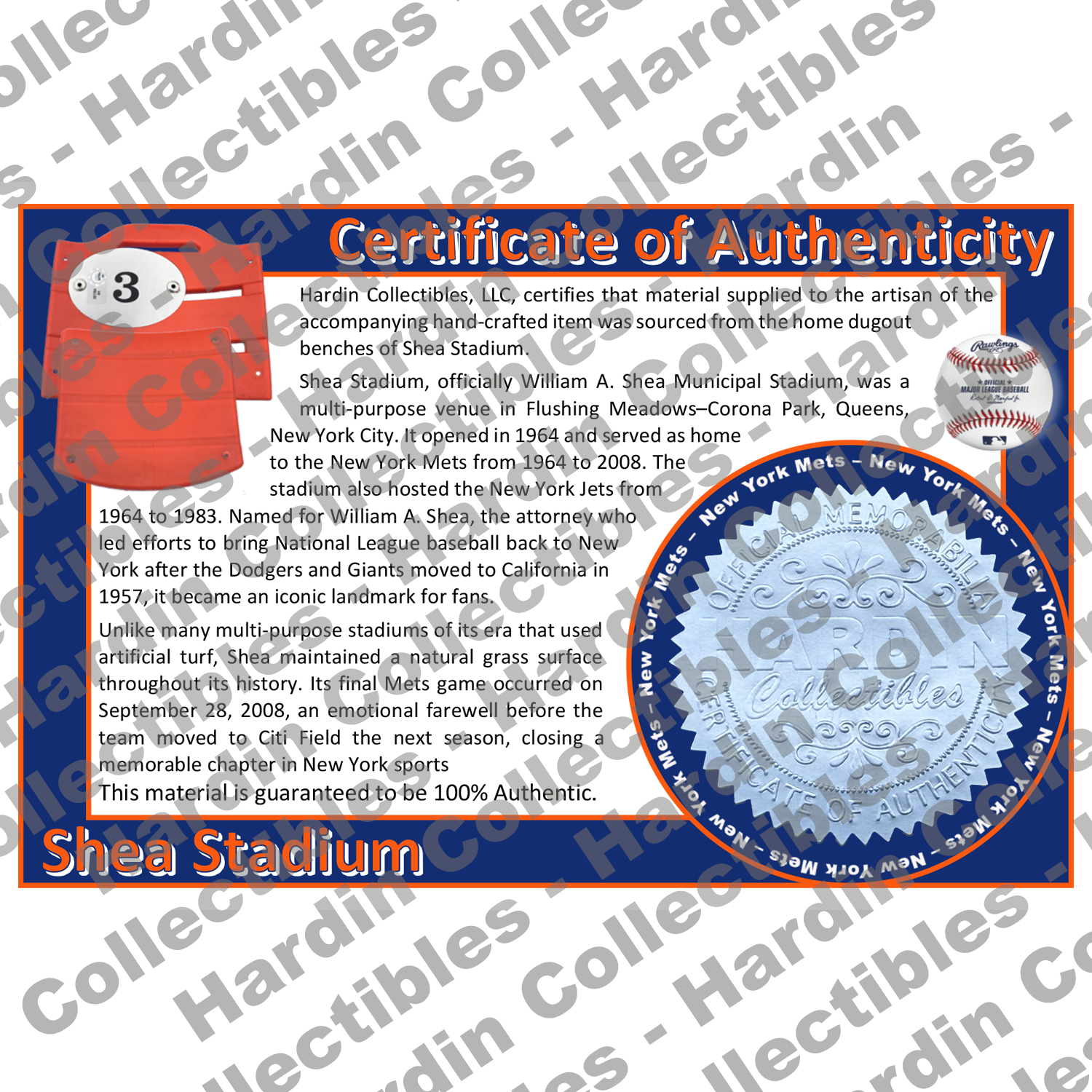 Image of certificate of authenticity for Shea Stadium (New York Mets & New York Jets) [Plastic Seats] - front