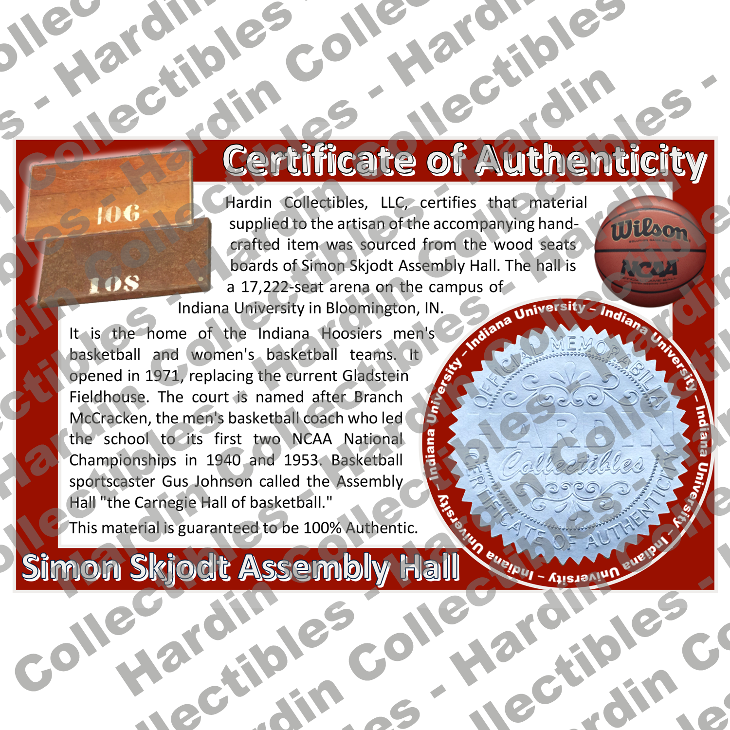Image of certificate of authenticity for Simon Skjodt Assembly Hall (Indiana University) [WOOD] - front