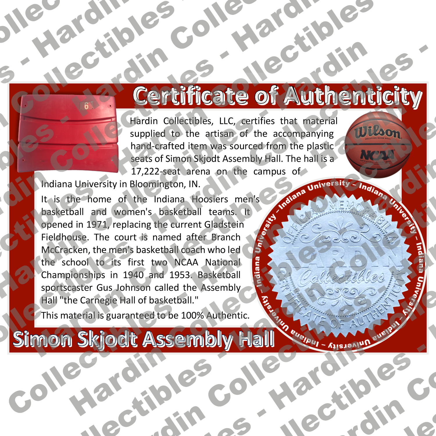Image of certificate of authenticity for Simon Skjodt Assembly Hall (Indiana University) [PLASTIC] - front