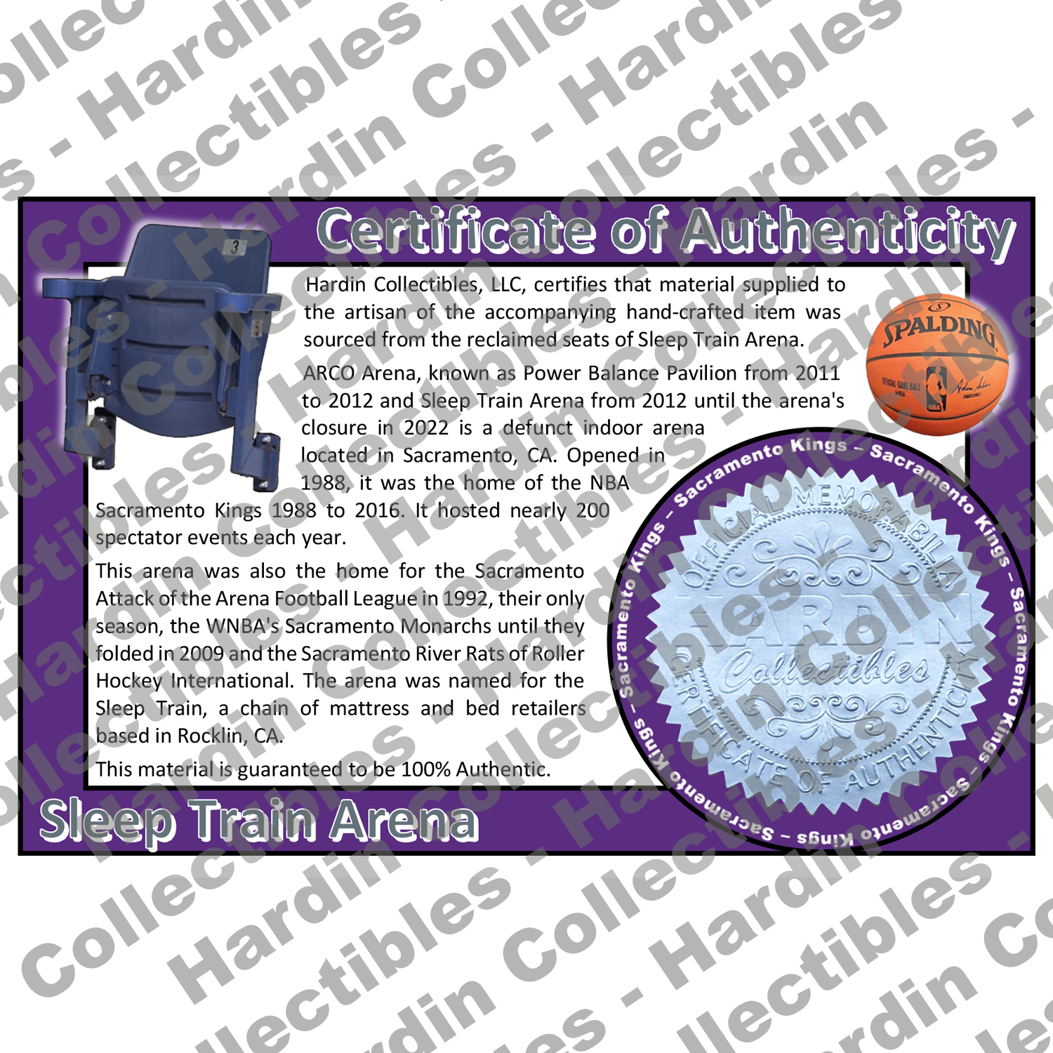 Image of certificate of authenticity for Sleep Train Arena (Sacramento Kings) - front