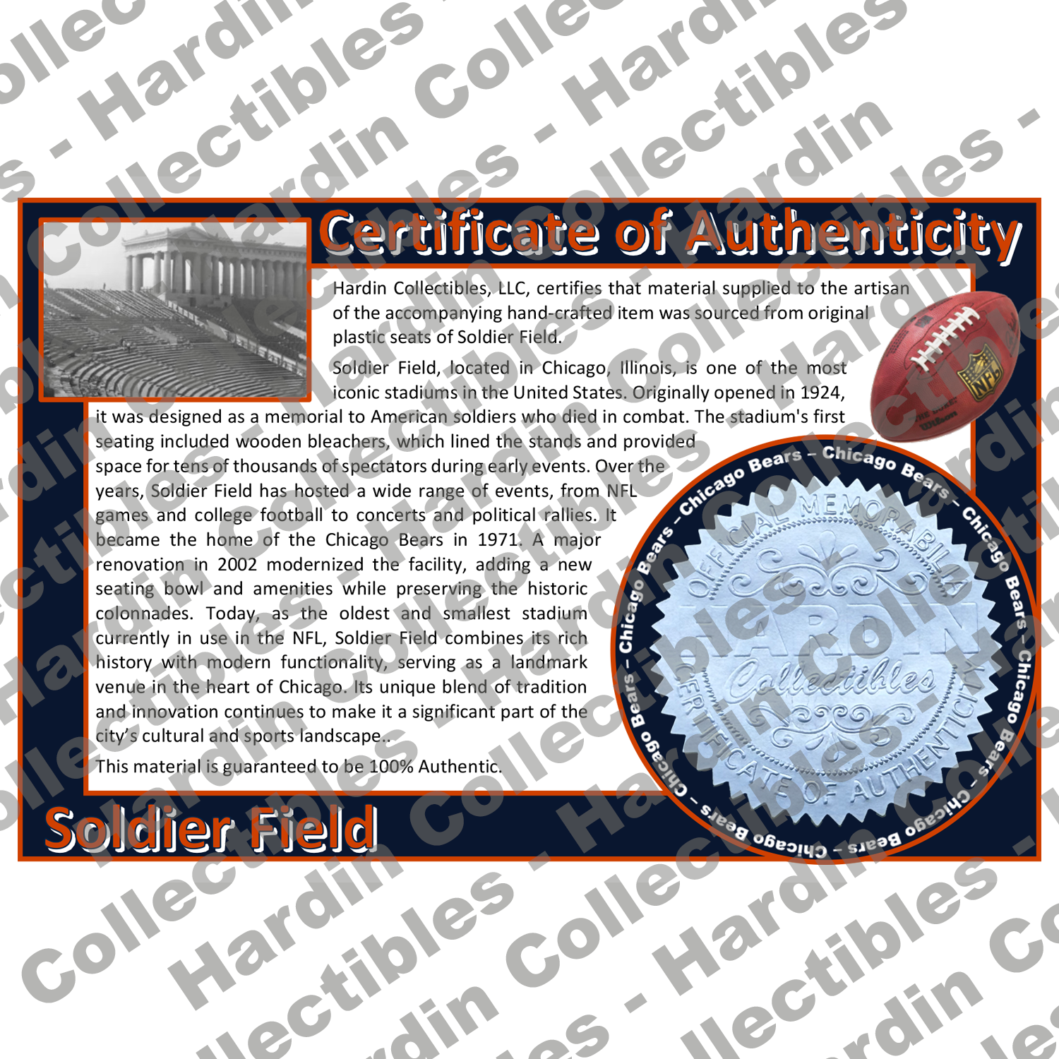 Image of certificate of authenticity for Soldier Field (Chicago Bears) [WOOD] - front