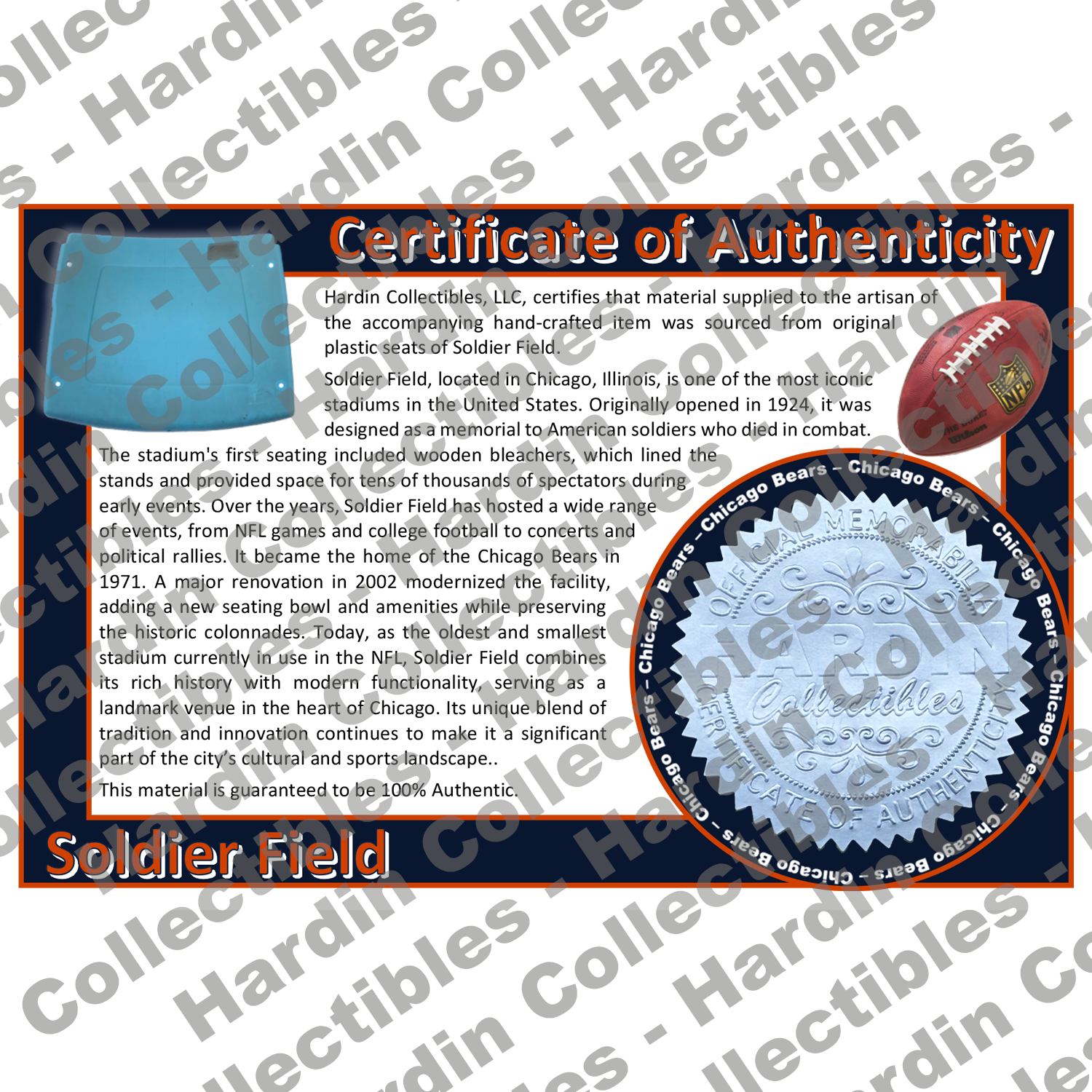 Image of certificate of authenticity for Soldier Field (Chicago Bears) [PLASTIC] - front