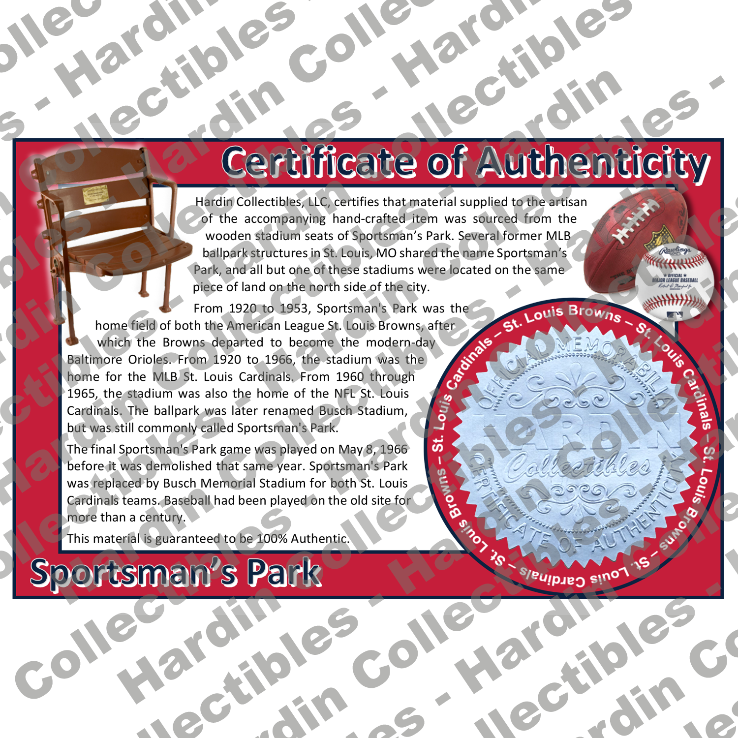 Image of certificate of authenticity for Sportsman’s Park (St. Louis Cardinals) - front