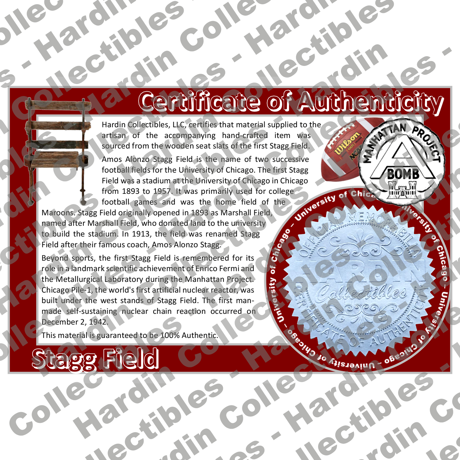 Image of certificate of authenticity for Stagg Field (Chicago, University of - front