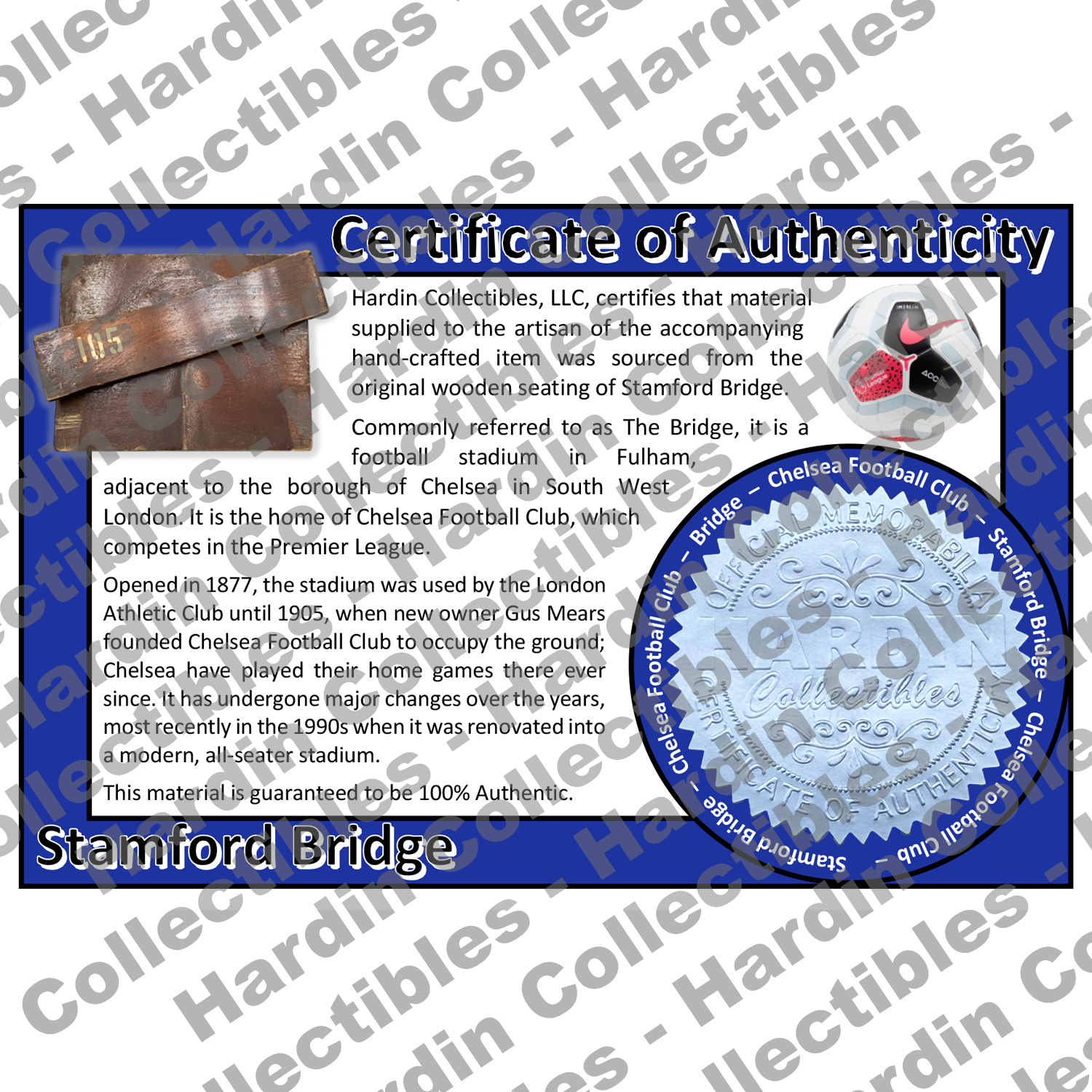 Image of certificate of authenticity for Stamford Bridge (Chelsea Football Club) - front