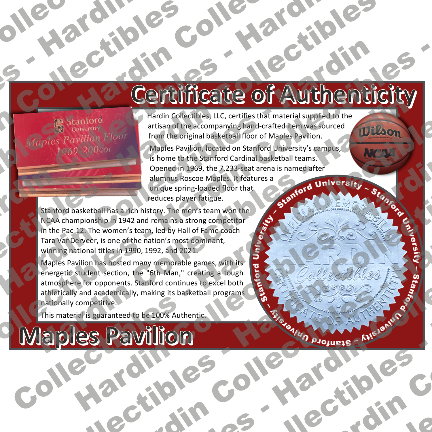 Image of certificate of authenticity for Stanford Maples Pavilion (Stanford University) - front