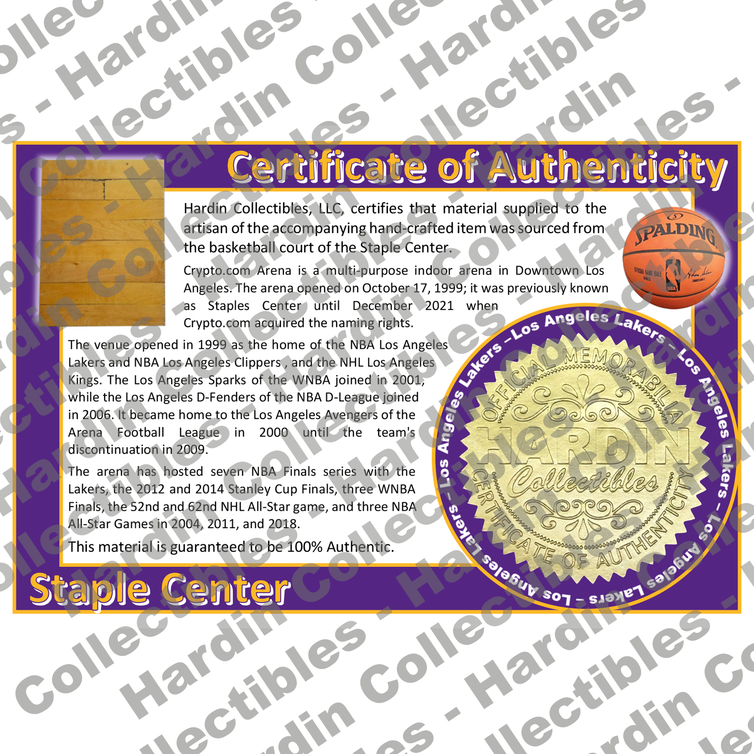Image of certificate of authenticity for Staples Center (Los Angeles Lakers) - front