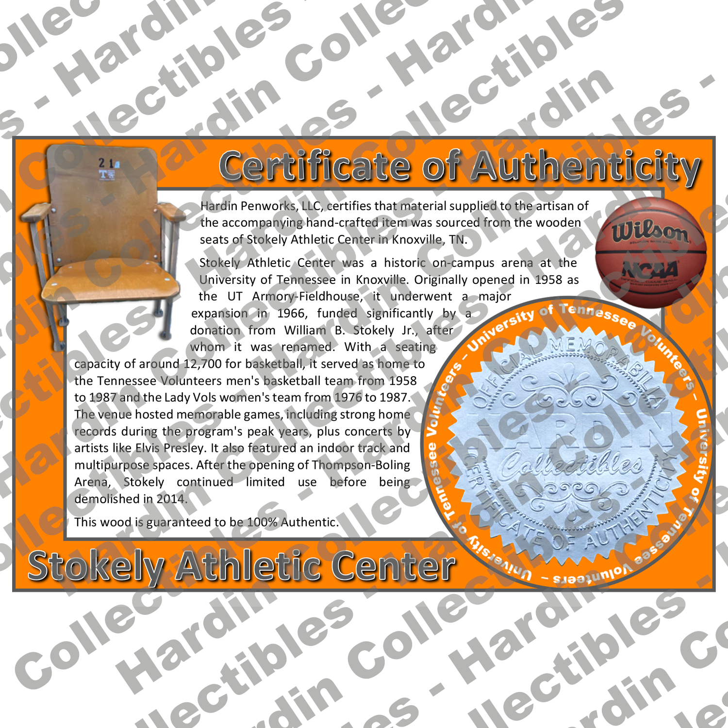 Image of certificate of authenticity for Stokely Athletic Center (University of Tennessee) - front