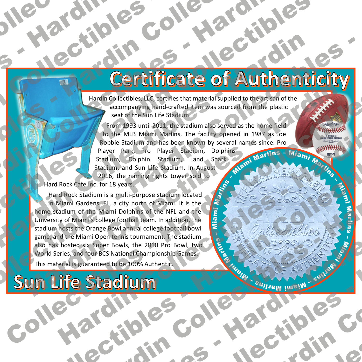 Image of certificate of authenticity for Sun Life Stadium (Miami Marlins) - front