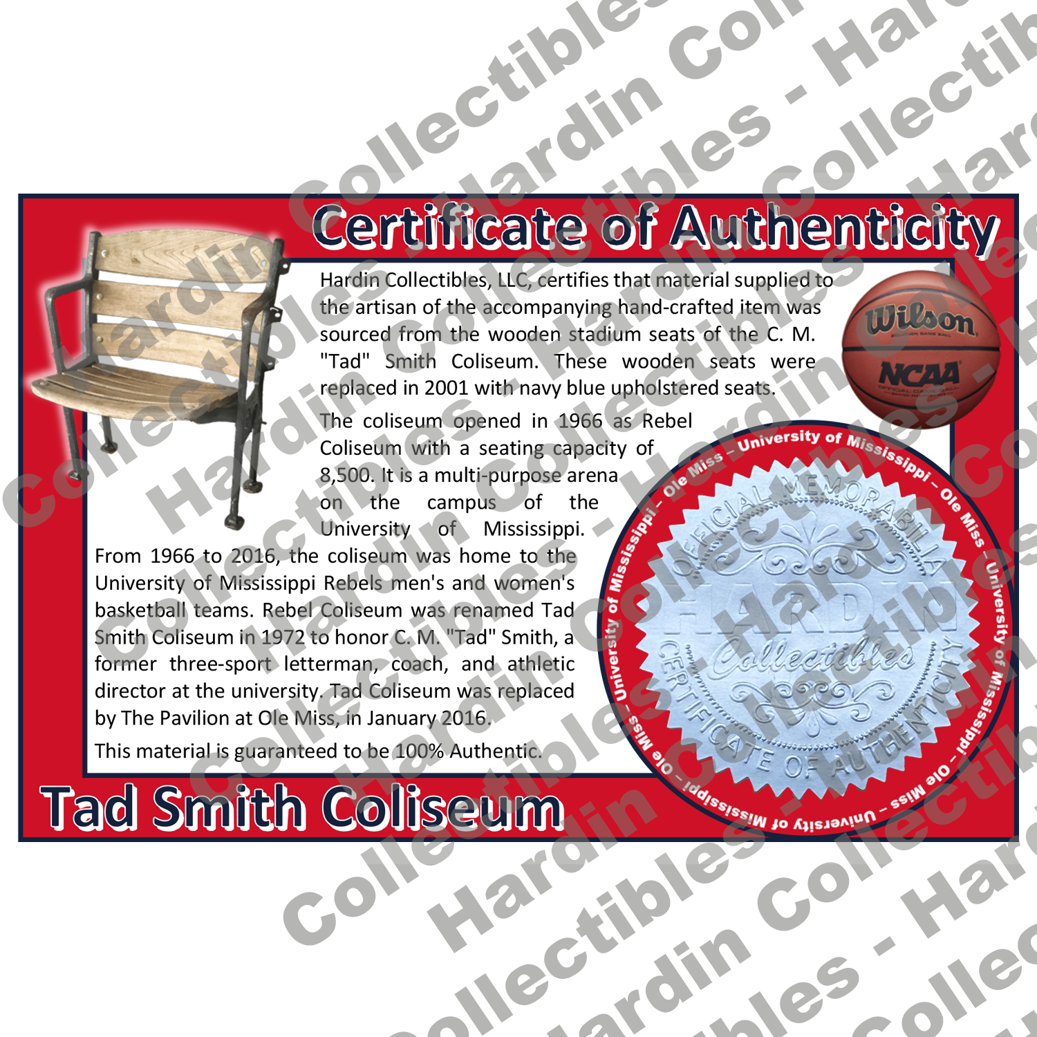 Image of certificate of authenticity for Tad Smith Coliseum (University of Mississippi) - front