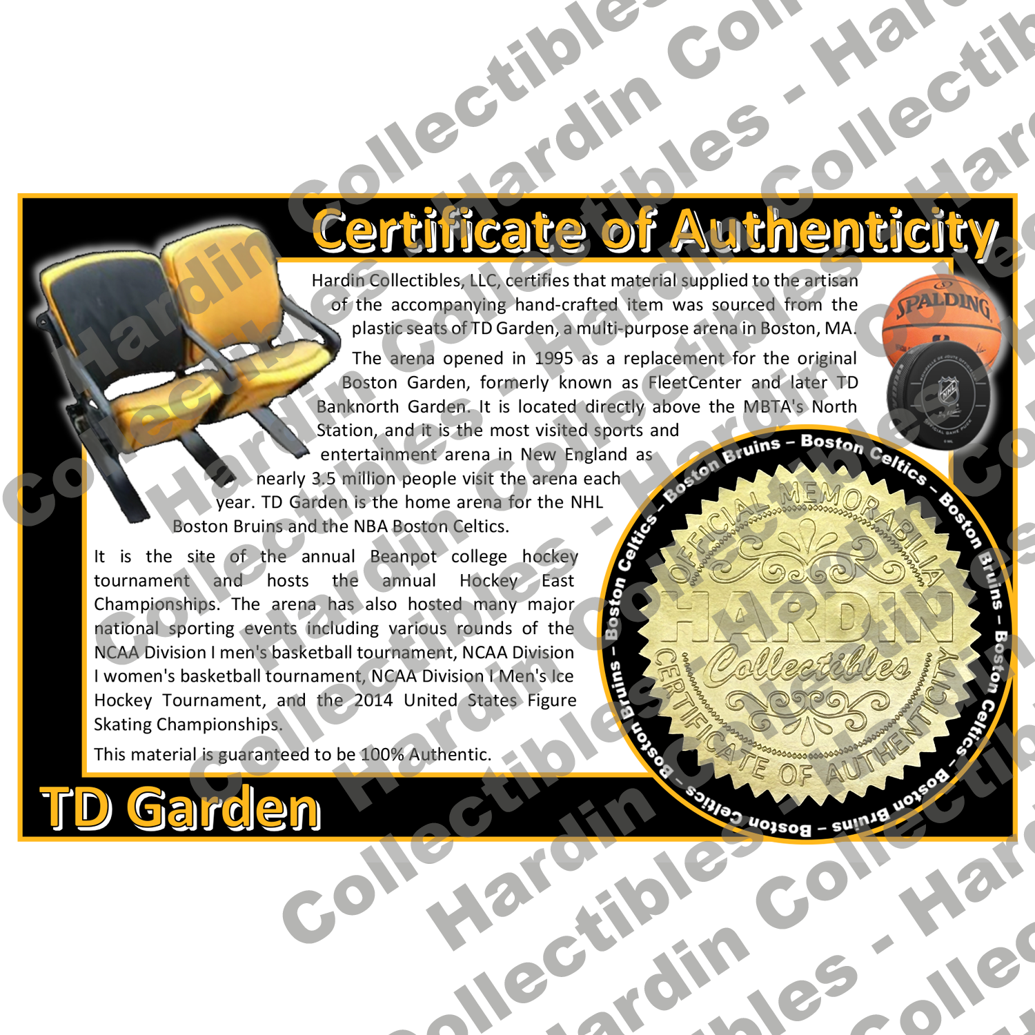 Image of certificate of authenticity for TD Garden [Stadium Seats] [PLASTIC] (Boston Bruins) - front