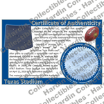 Image of certificate of authenticity for Texas Stadium (Dallas Cowboys) - front