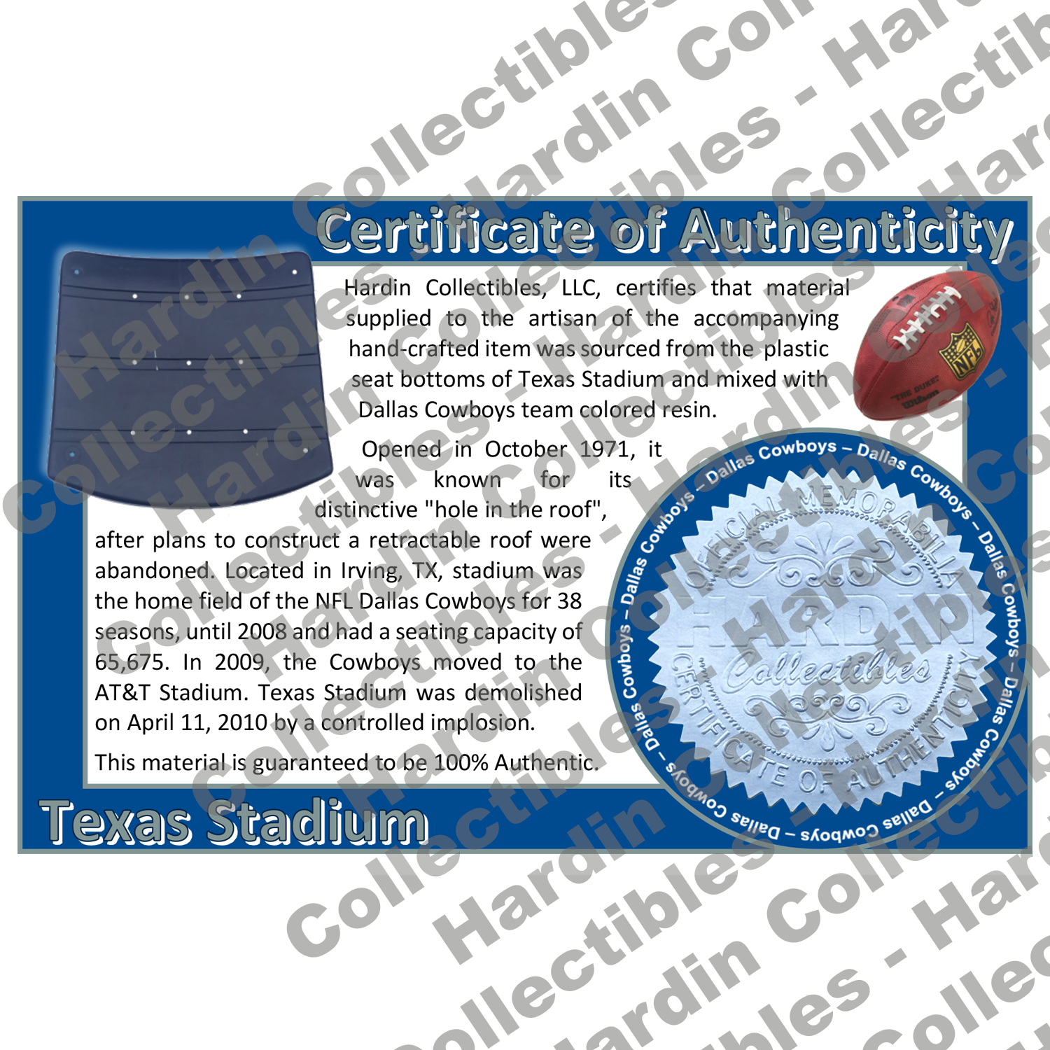 Image of certificate of authenticity for Texas Stadium (Dallas Cowboys) - front