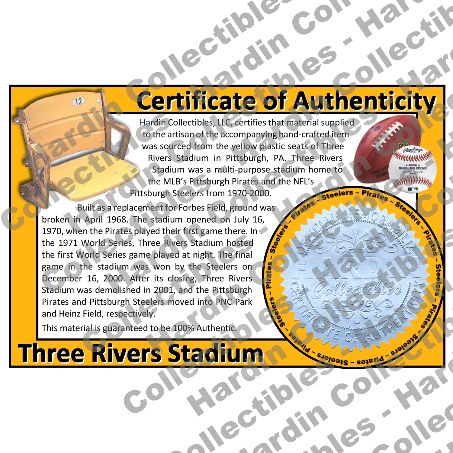 Image of certificate of authenticity for Three Rivers Stadium (Pittsburgh Steelers & Pirates) - front