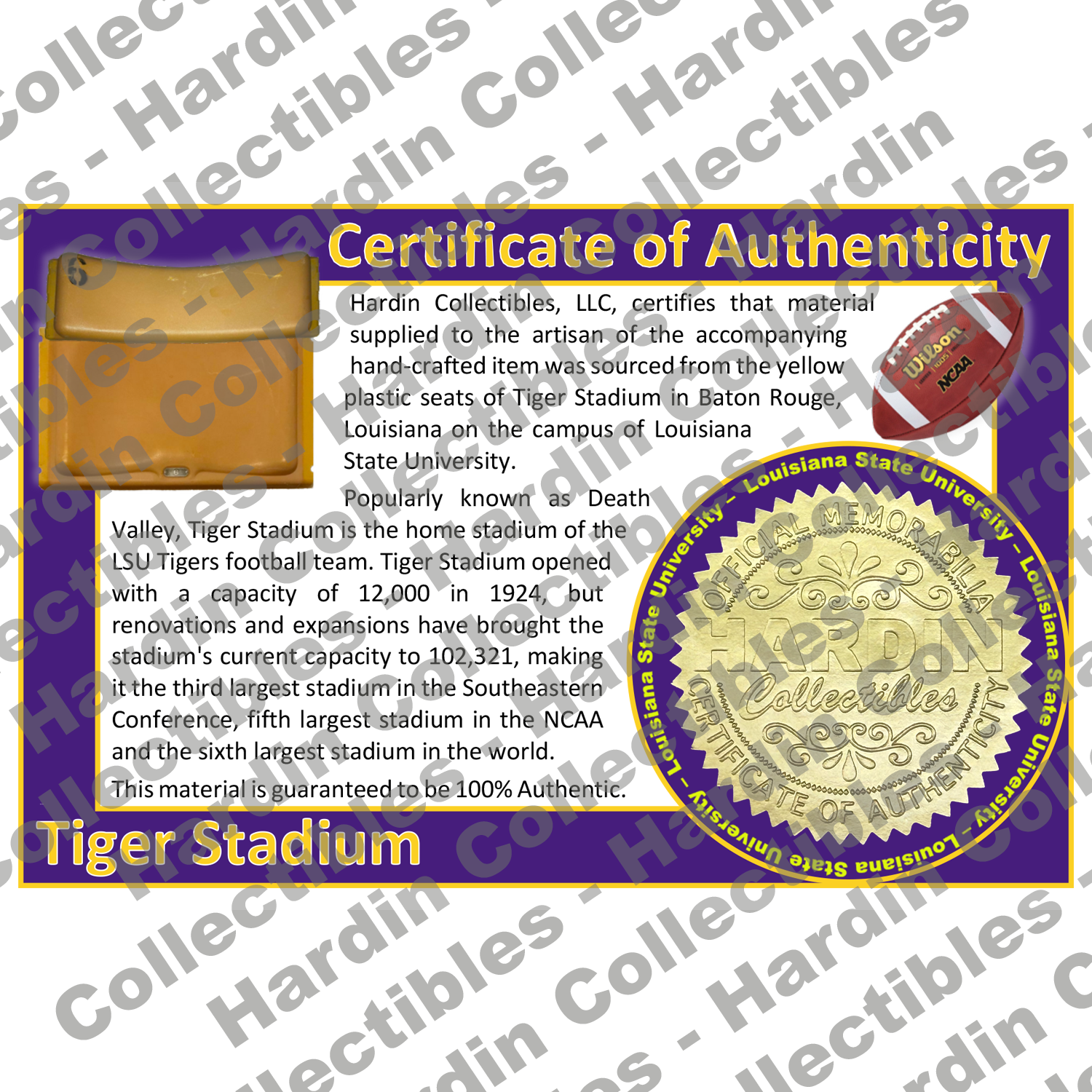 Image of certificate of authenticity for Tiger Stadium [Death Valley] (Louisiana State University Tigers) - front