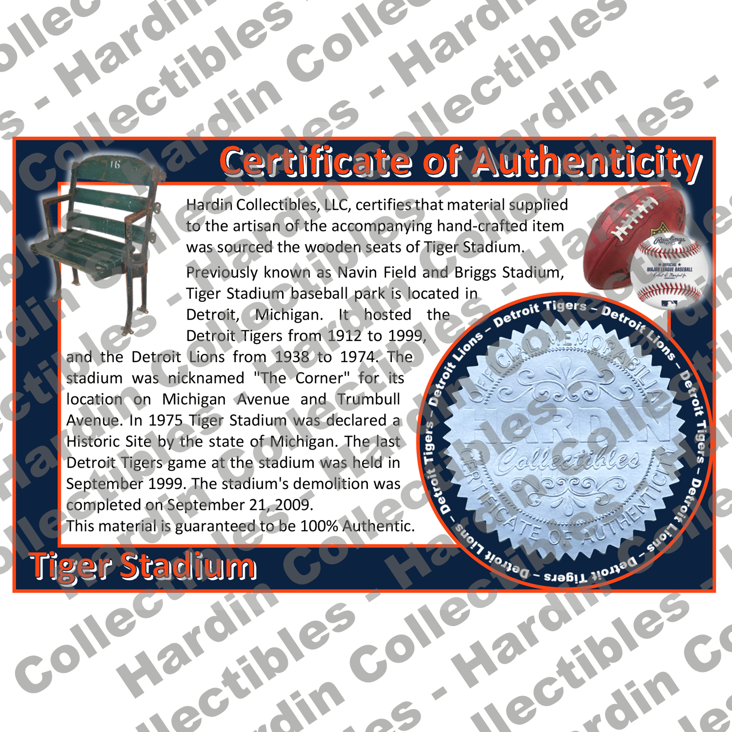 Image of certificate of authenticity for Tiger Stadium (Detroit Tigers & Detroit Lions) - front