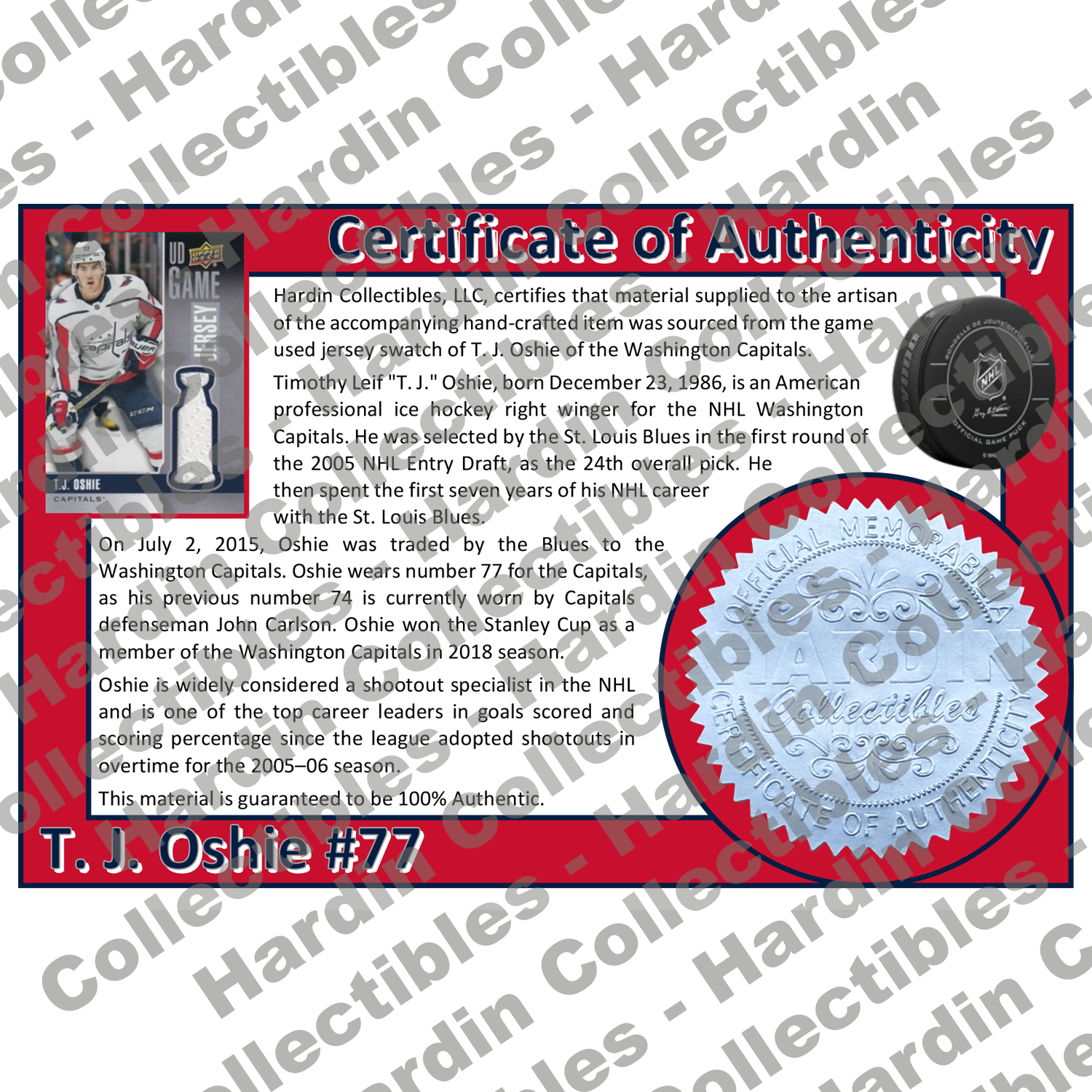 Image of certificate of authenticity for Oshie, T. J. 