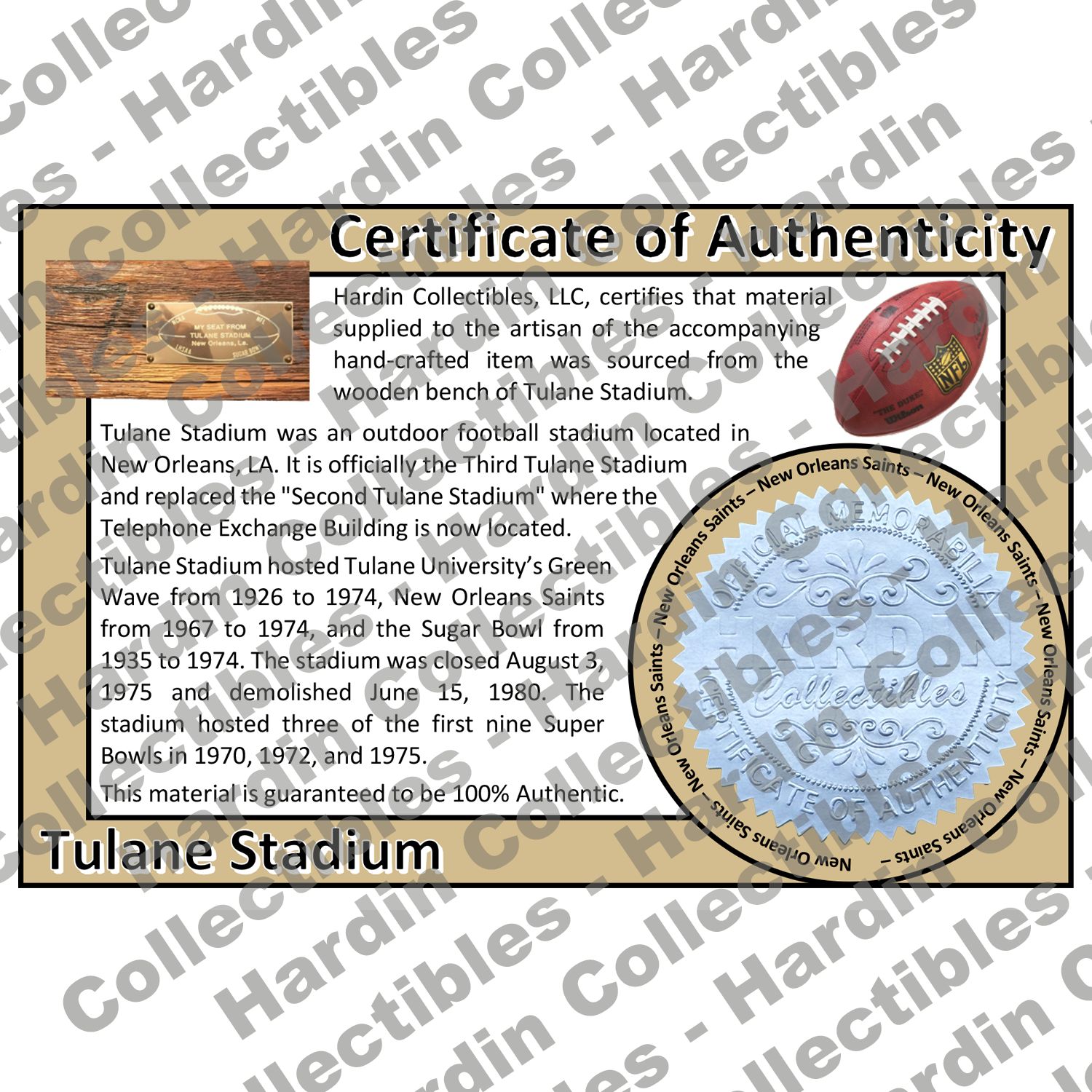 Image of certificate of authenticity for Tulane Stadium (New Orleans Saints) - front