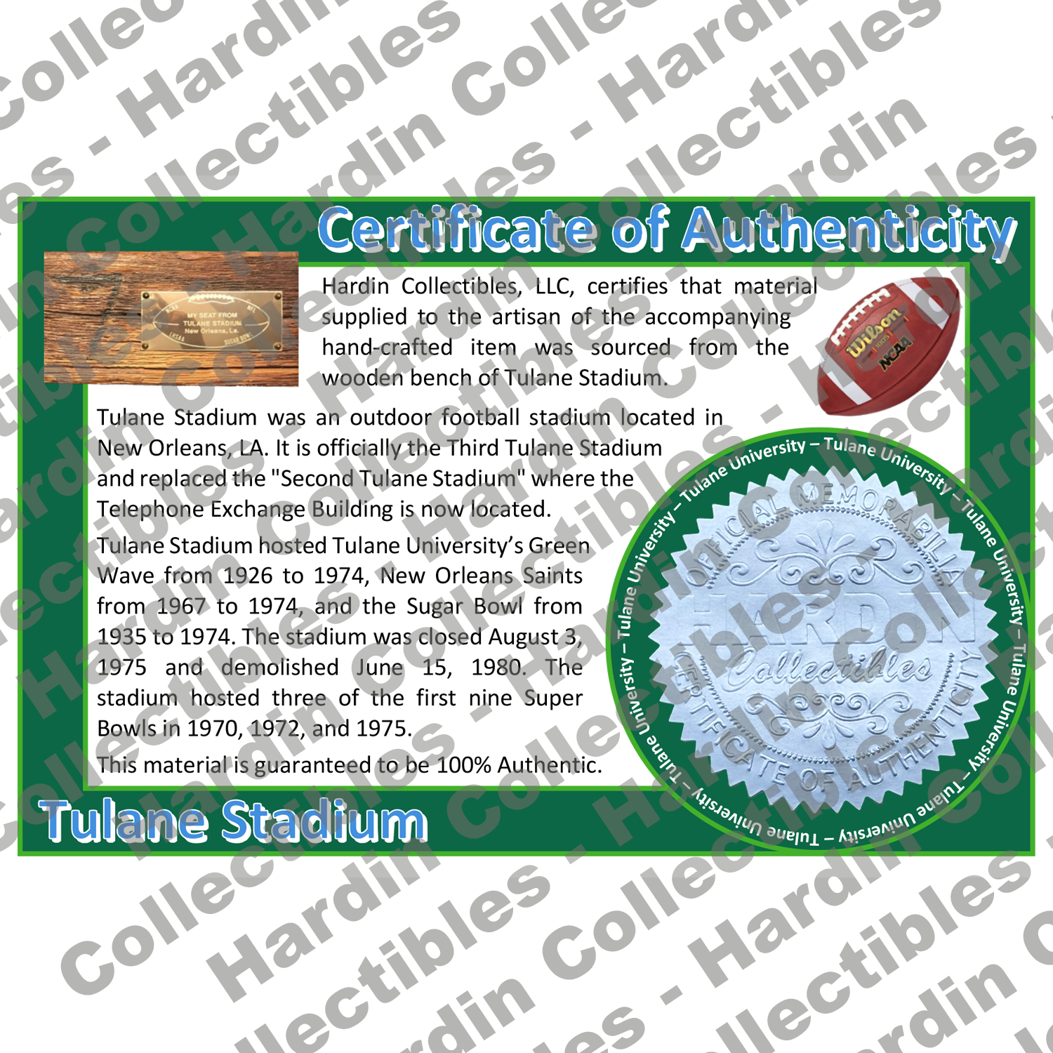 Image of certificate of authenticity for Tulane Stadium (Tulane University) - front