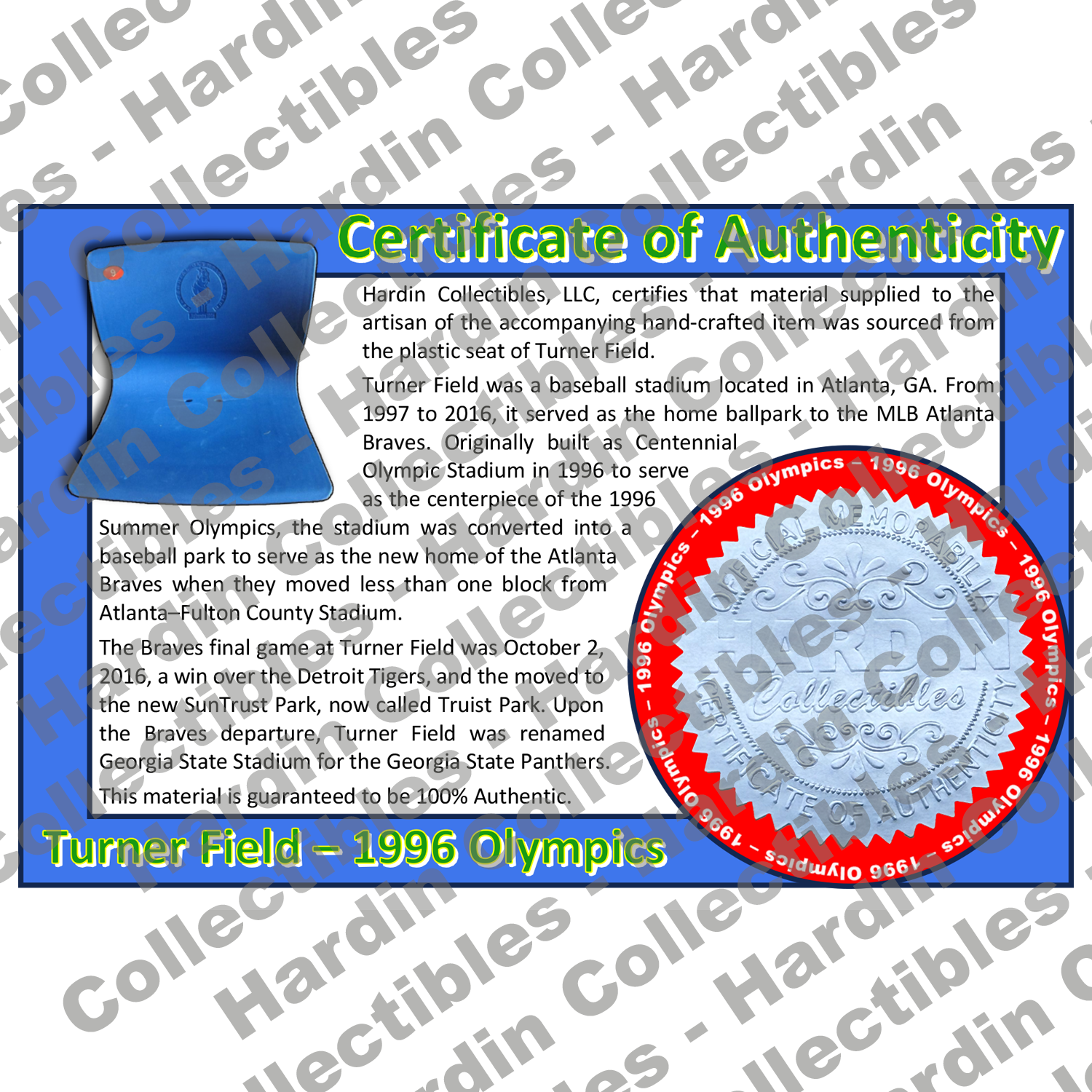 Image of certificate of authenticity for Turner Field (1996 Olympics) - front
