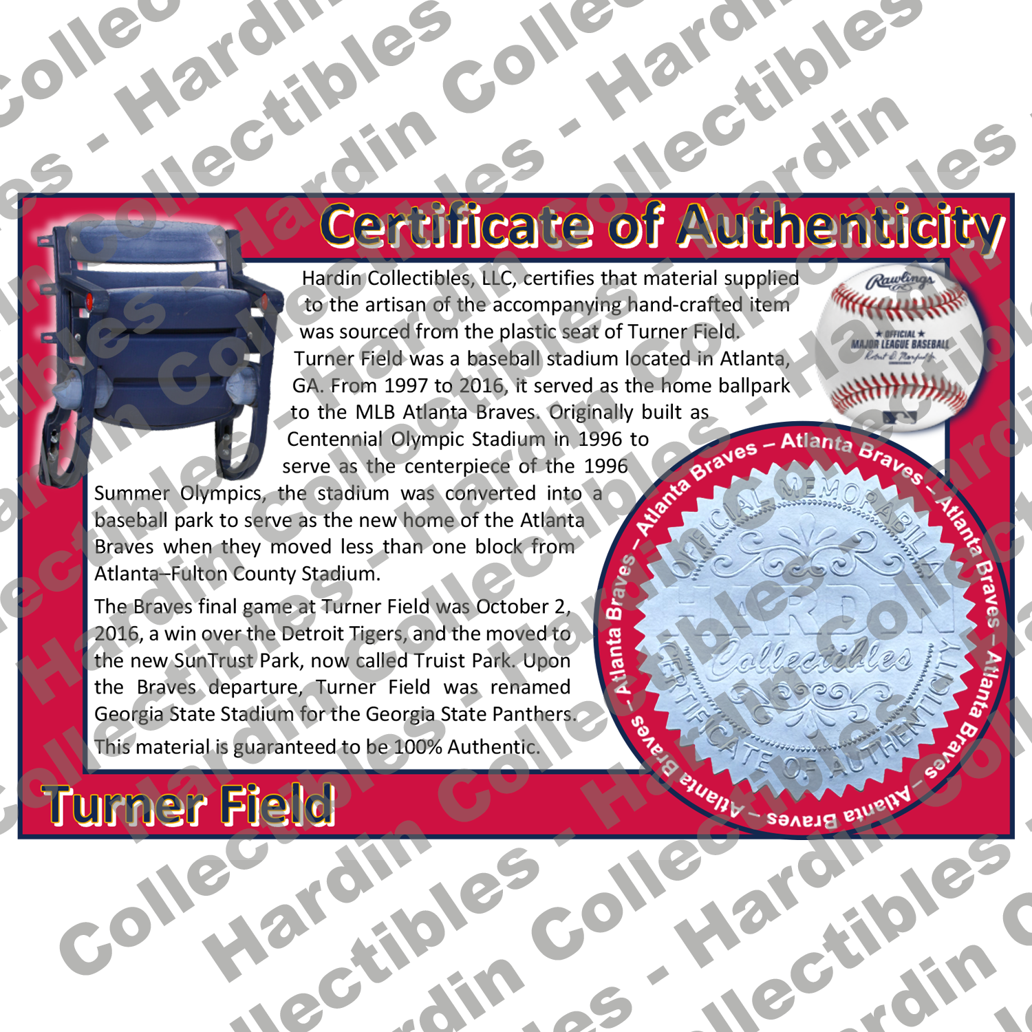 Image of certificate of authenticity for Turner Field (Atlanta Braves) - front