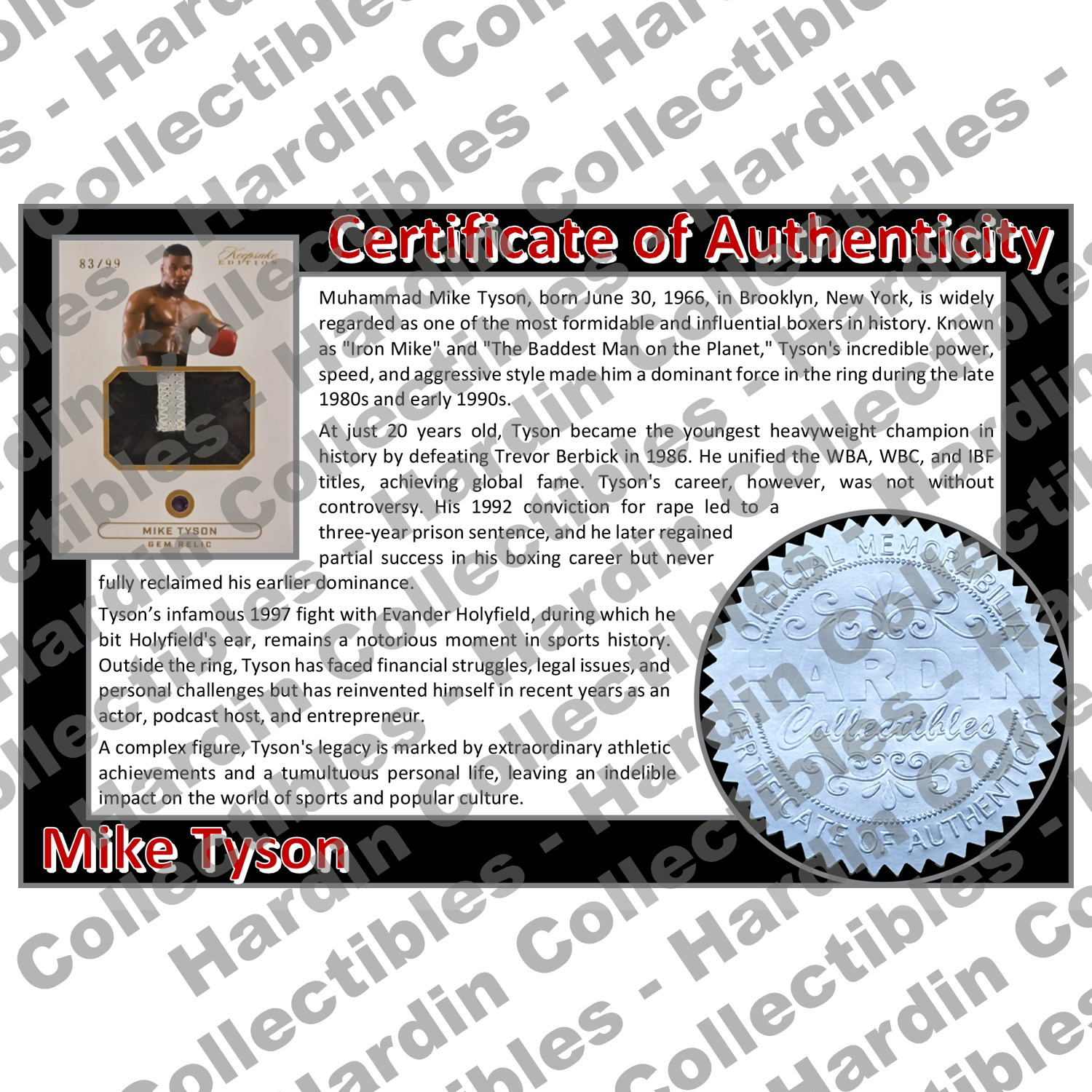 Image of certificate of authenticity for Tyson, Mike - Event-Worn Relic - front