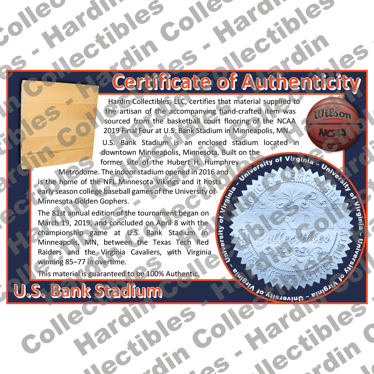 Image of certificate of authenticity for U.S. Bank Stadium (2019 Final Four) University of Virginia - front