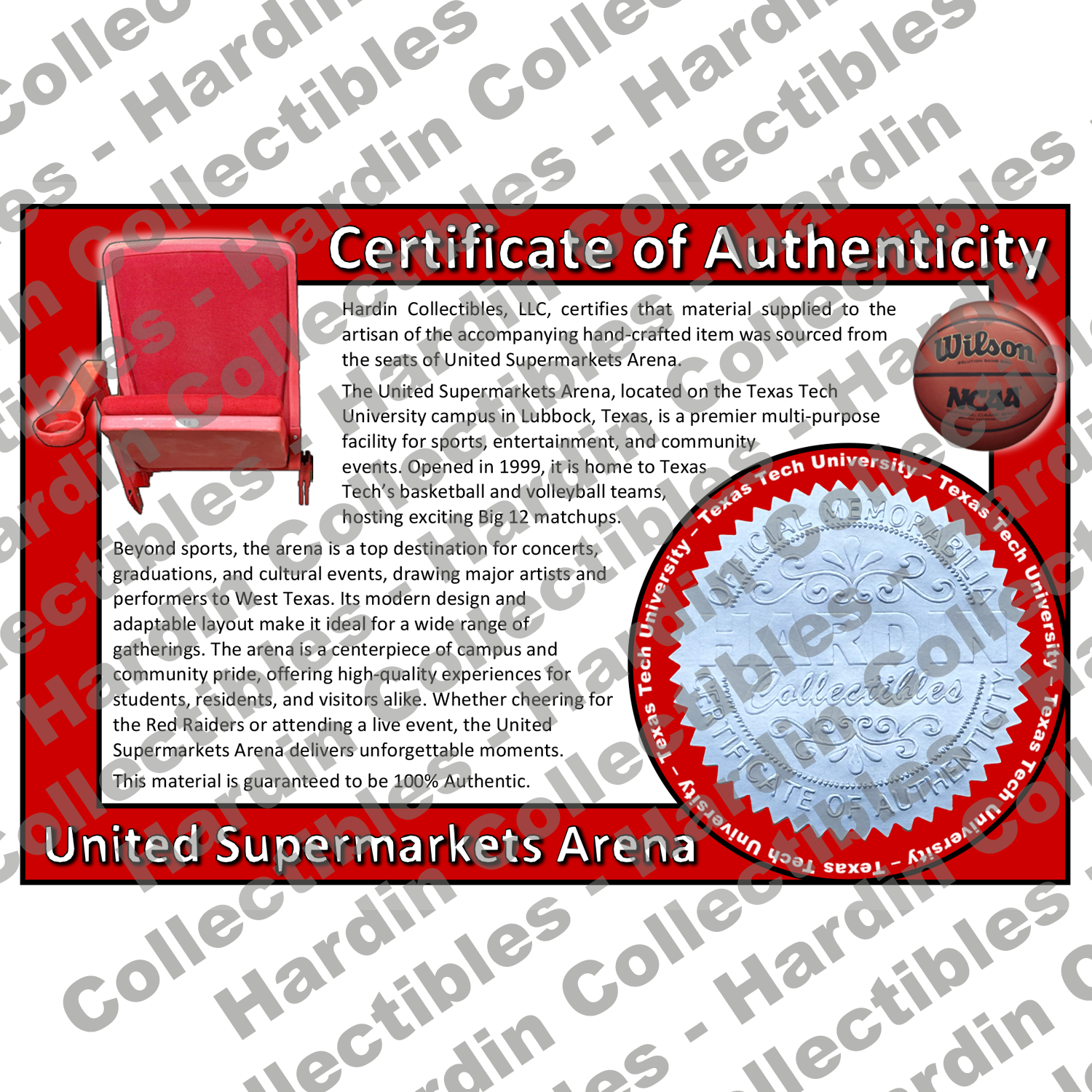 Image of certificate of authenticity for United Supermarkets Arena (Texas Tech University) - front