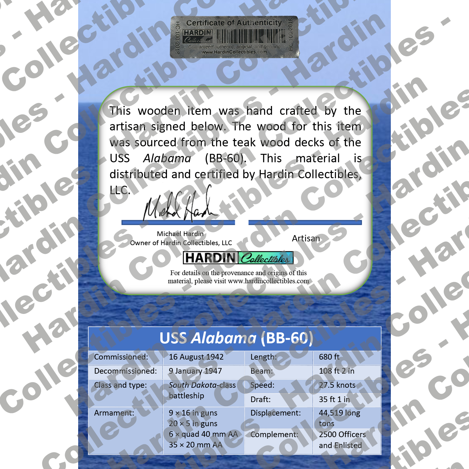 Image of certificate of authenticity for USS Alabama (BB-60) - back