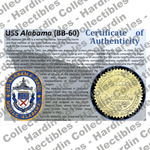 Image of certificate of authenticity for USS Alabama (BB-60) - front