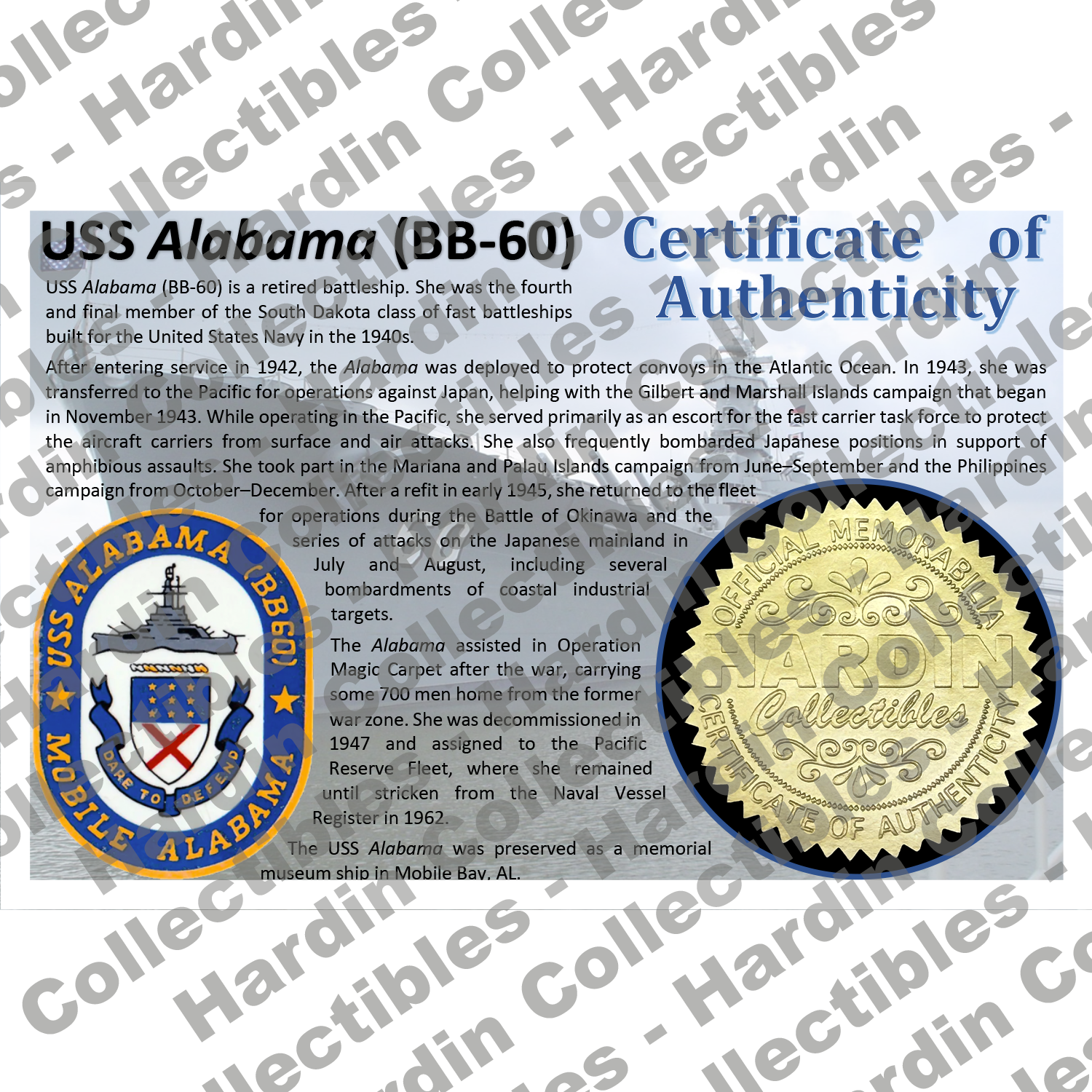 Image of certificate of authenticity for USS Alabama (BB-60) - front