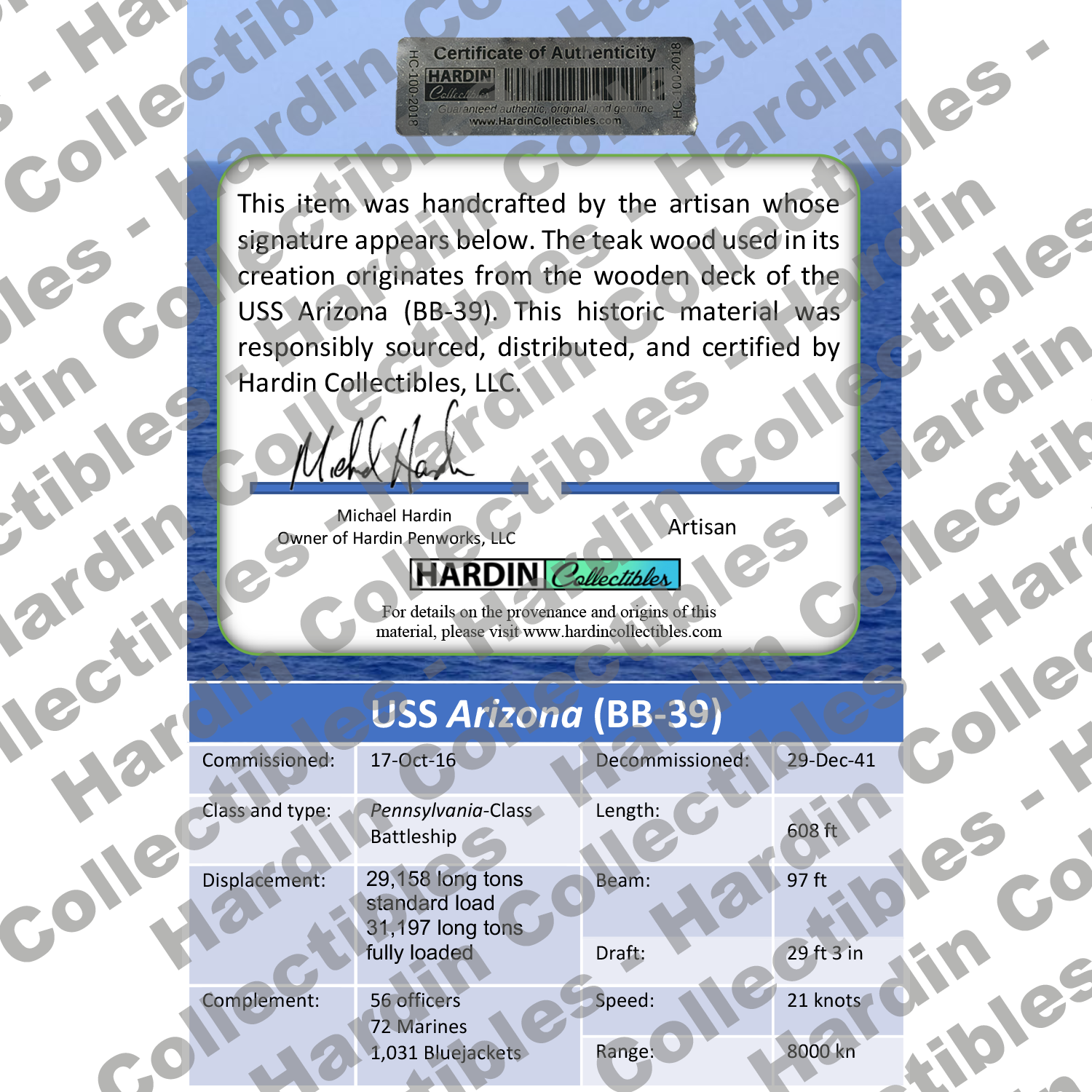 Image of certificate of authenticity for USS Arizona (BB-39) - back