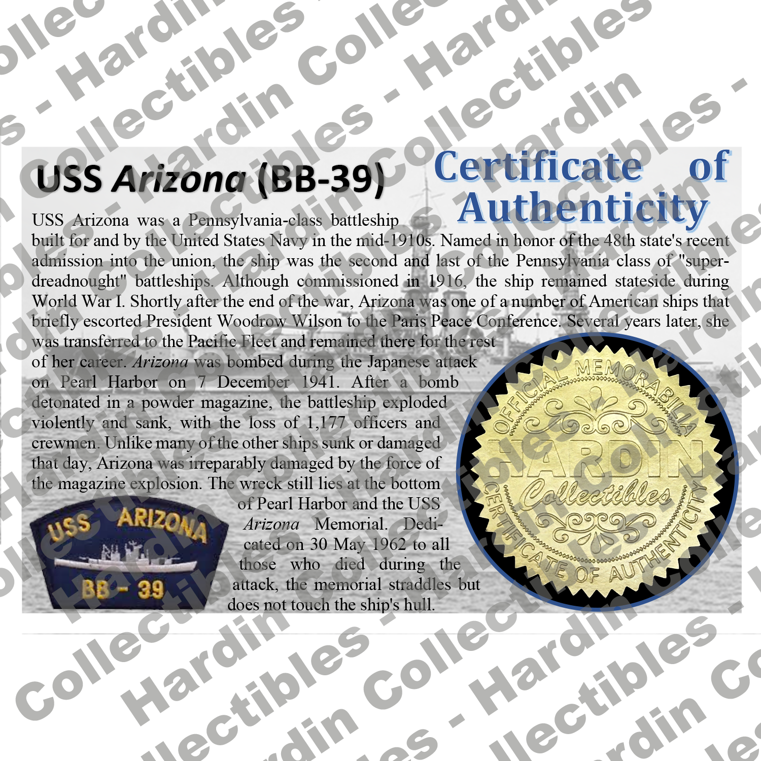 Image of certificate of authenticity for USS Arizona (BB-39) - front