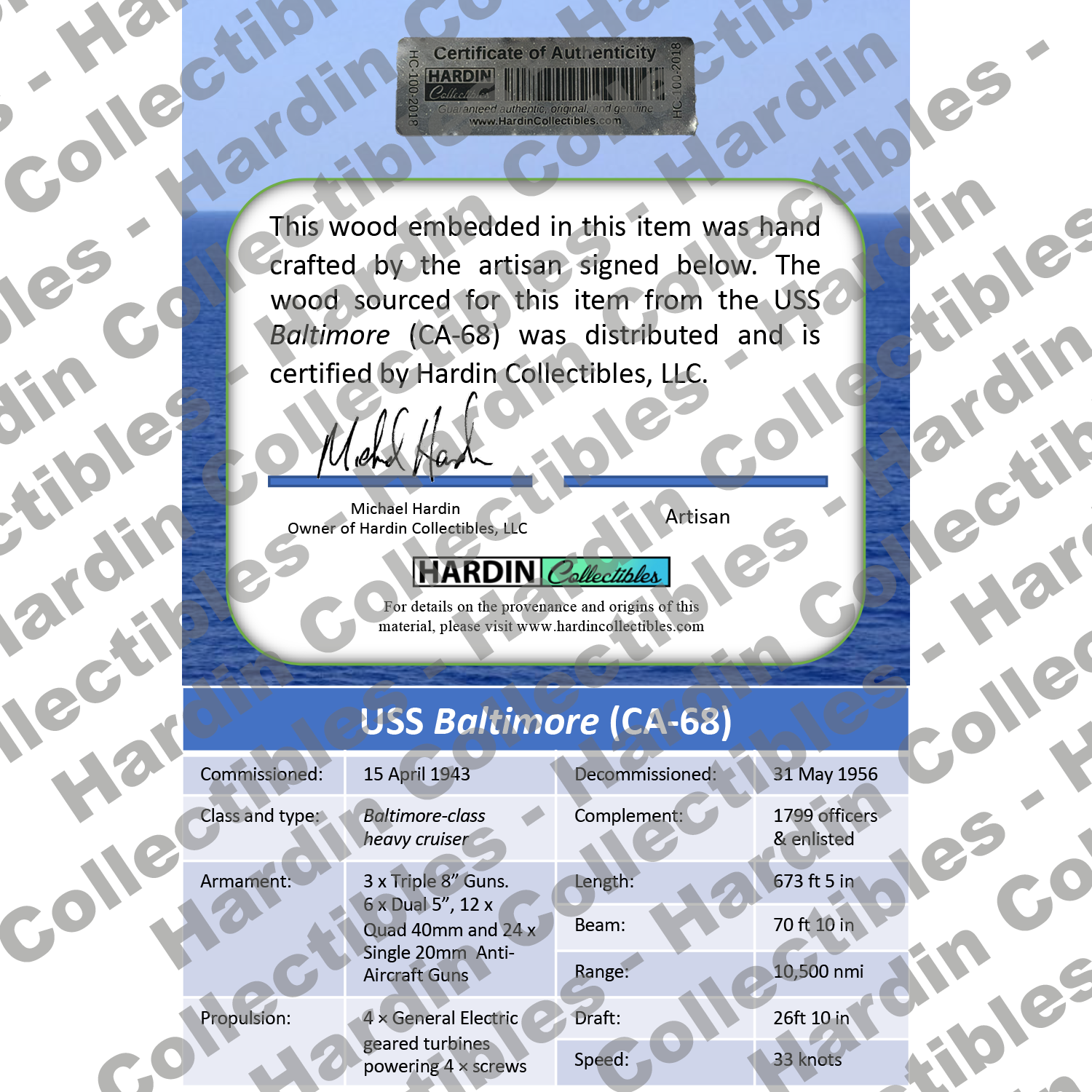 Image of certificate of authenticity for USS Baltimore (CA-68) - back