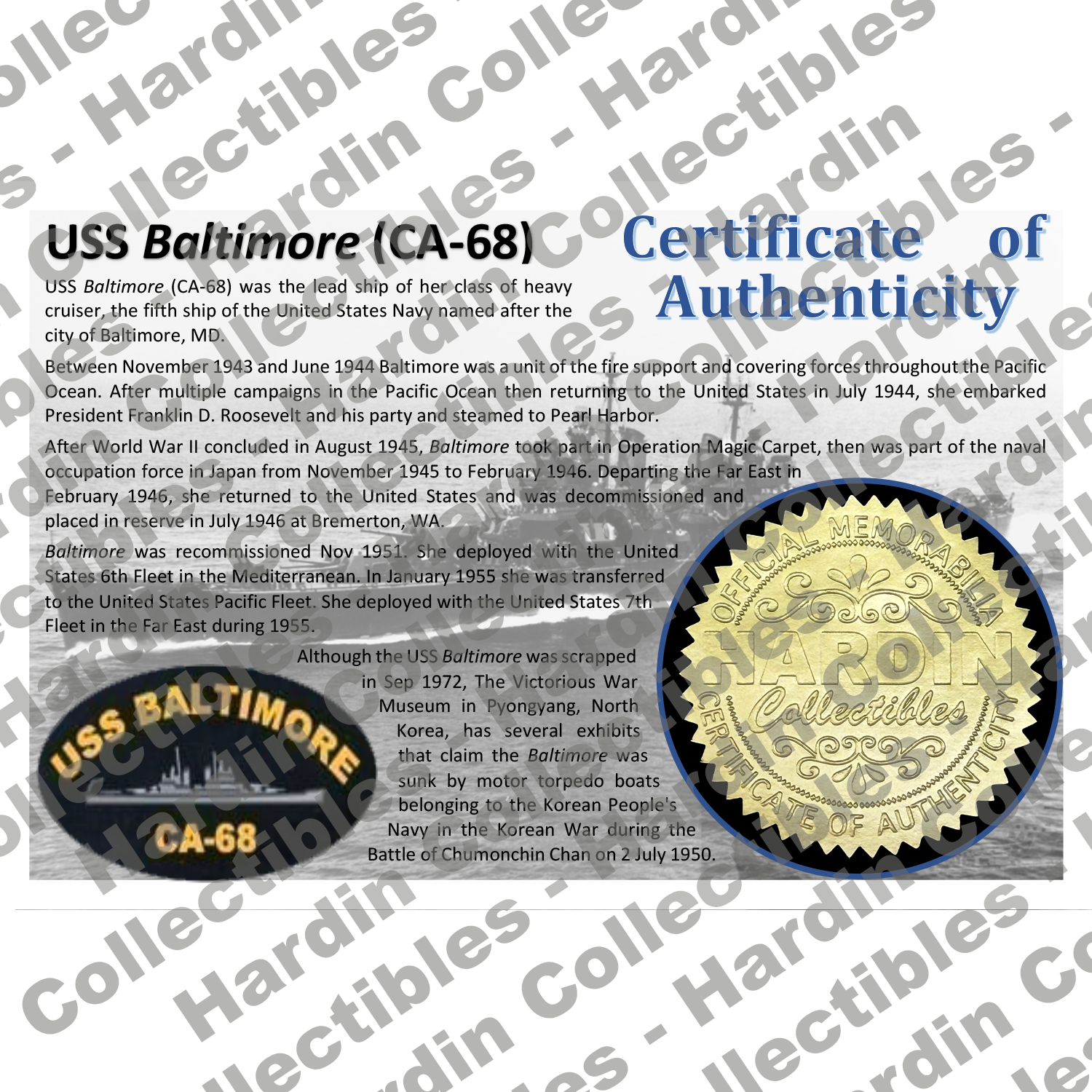 Image of certificate of authenticity for USS Baltimore (CA-68) - front