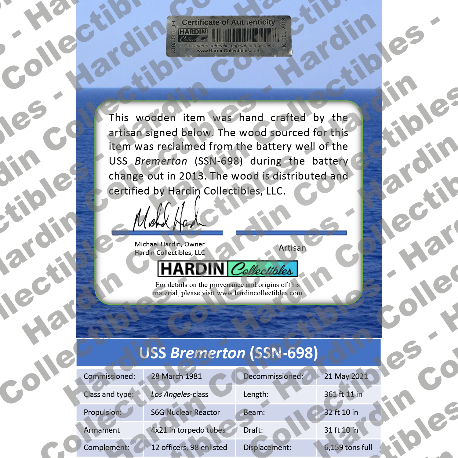 Image of certificate of authenticity for USS Bremerton (SSN-698) - back