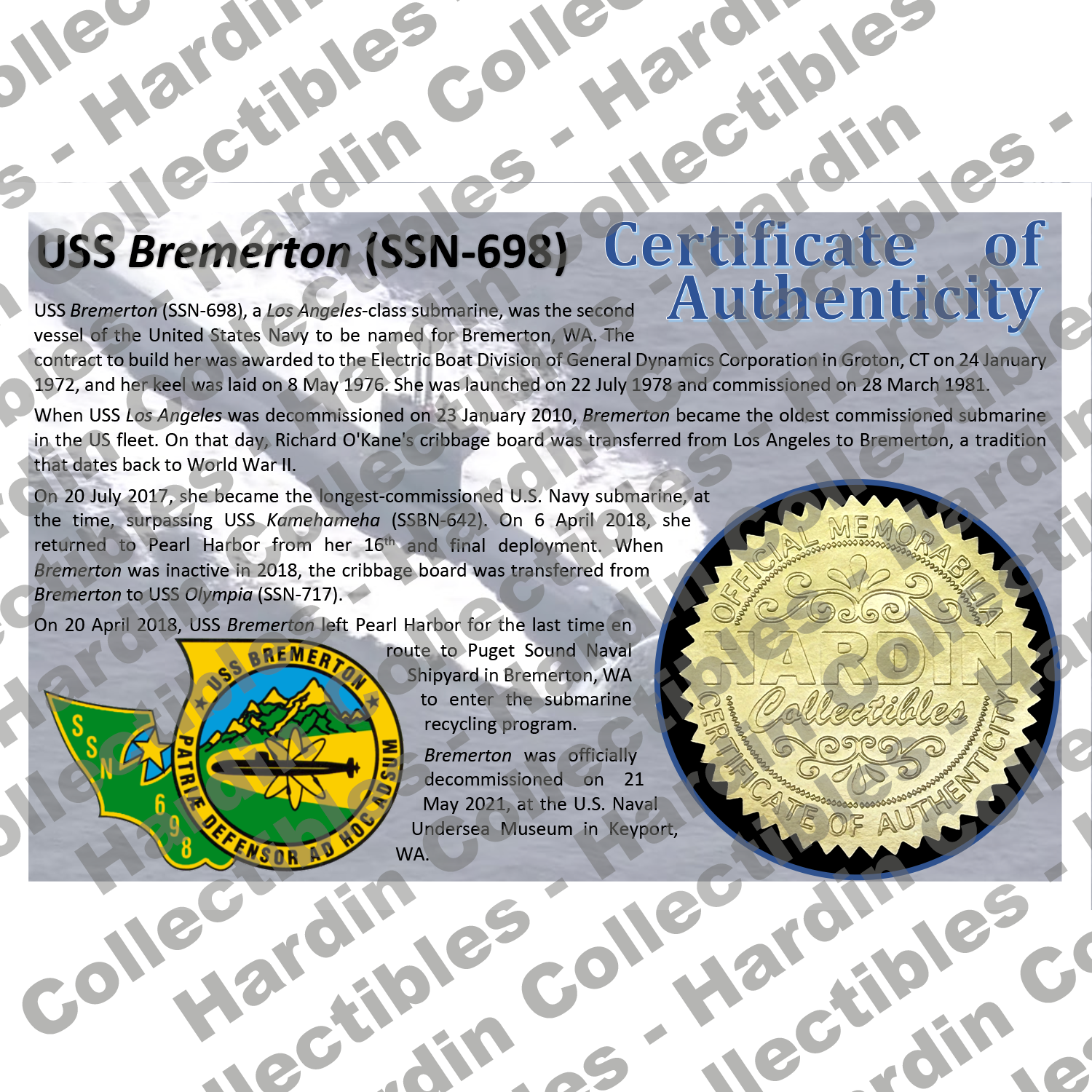 Image of certificate of authenticity for USS Bremerton (SSN-698) - front