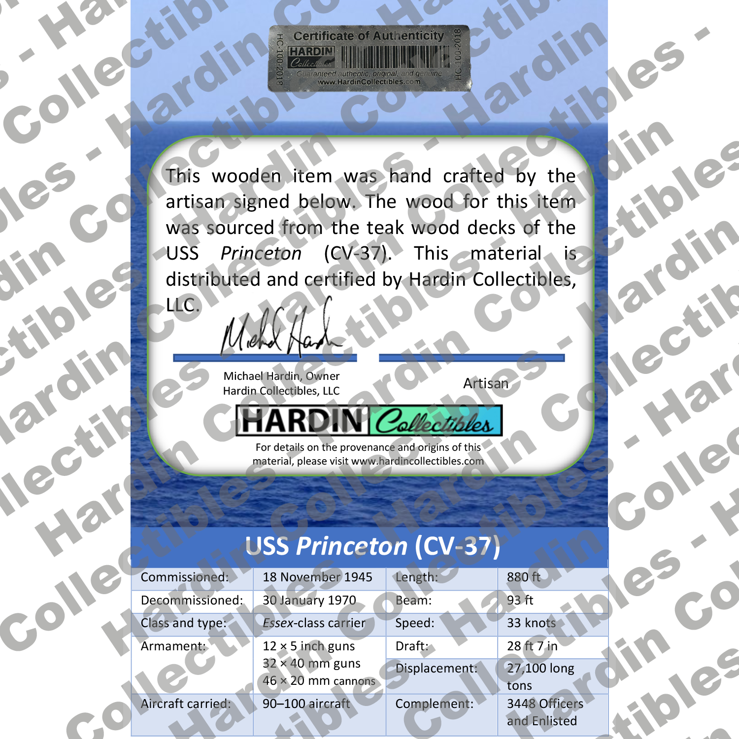 Image of certificate of authenticity for USS Princeton (CV-37) - back