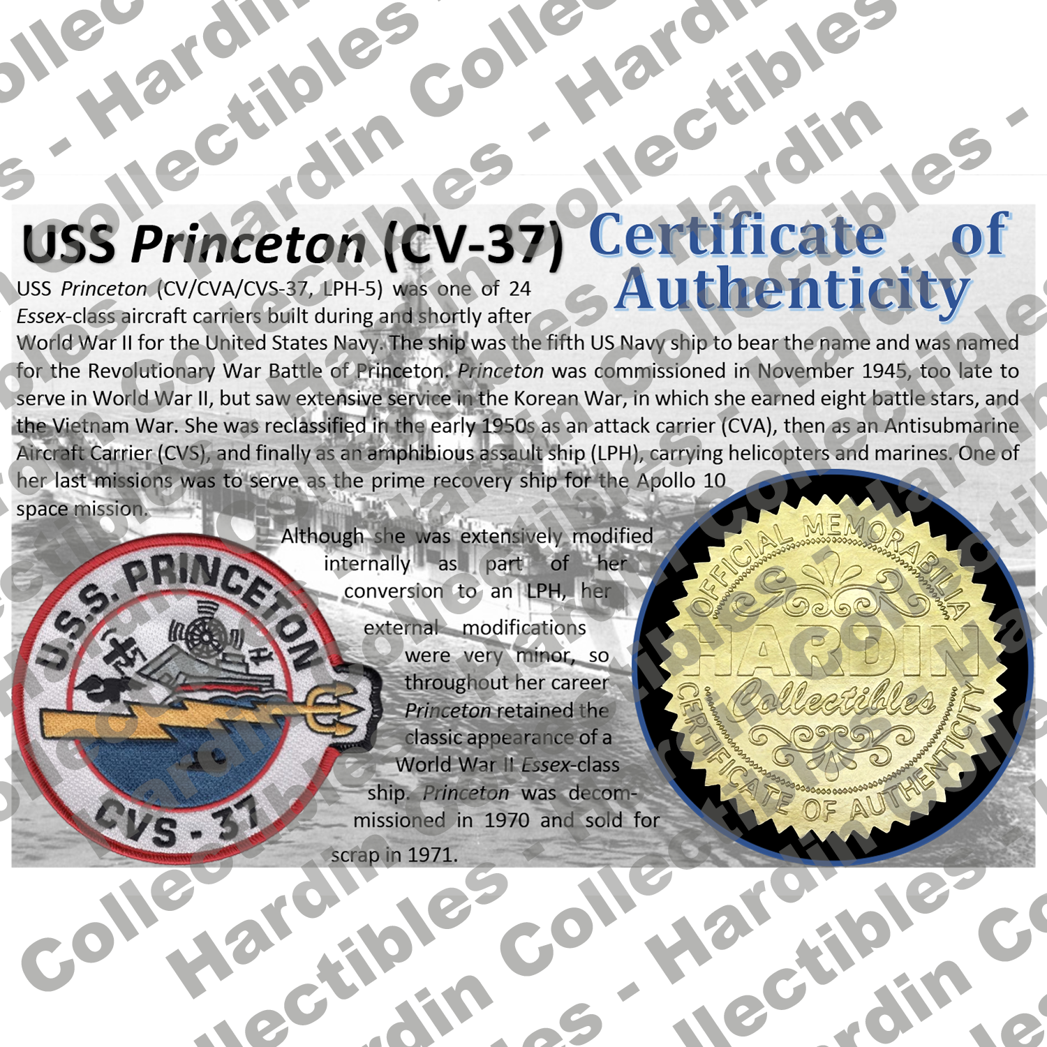 Image of certificate of authenticity for USS Princeton (CV-37) - front
