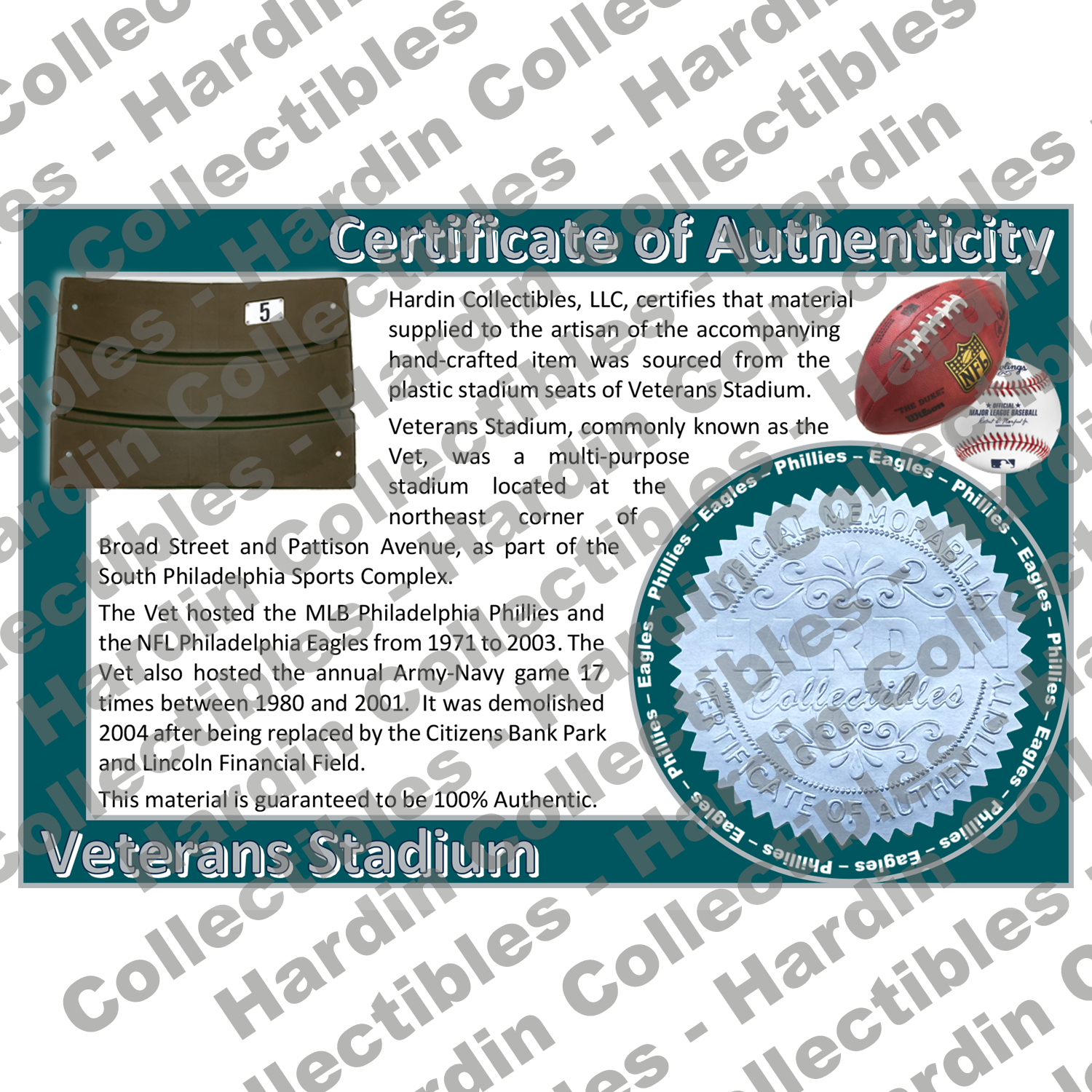 Image of certificate of authenticity for Veterans Stadium (Philadelphia Eagles) - front