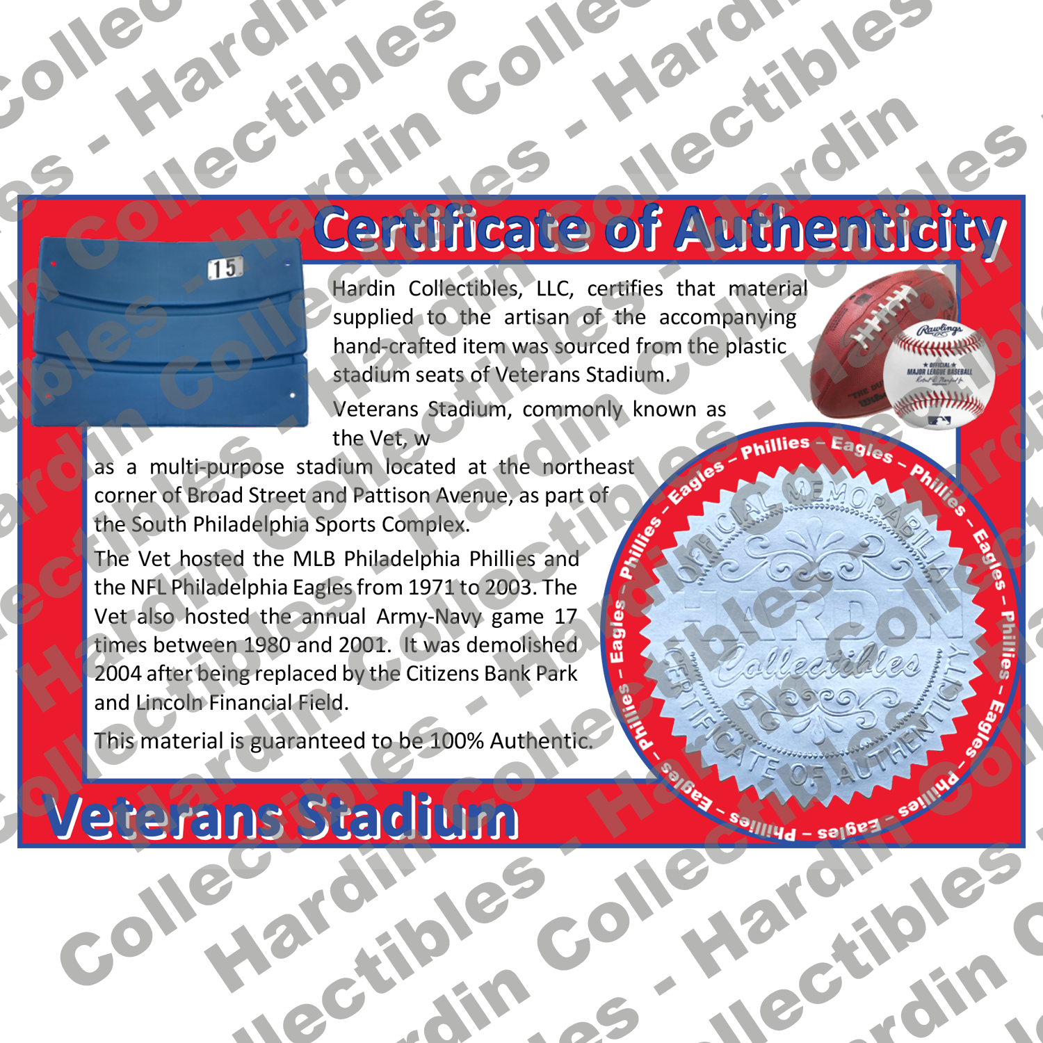 Image of certificate of authenticity for Veterans Stadium (Philadelphia Phillies) - front
