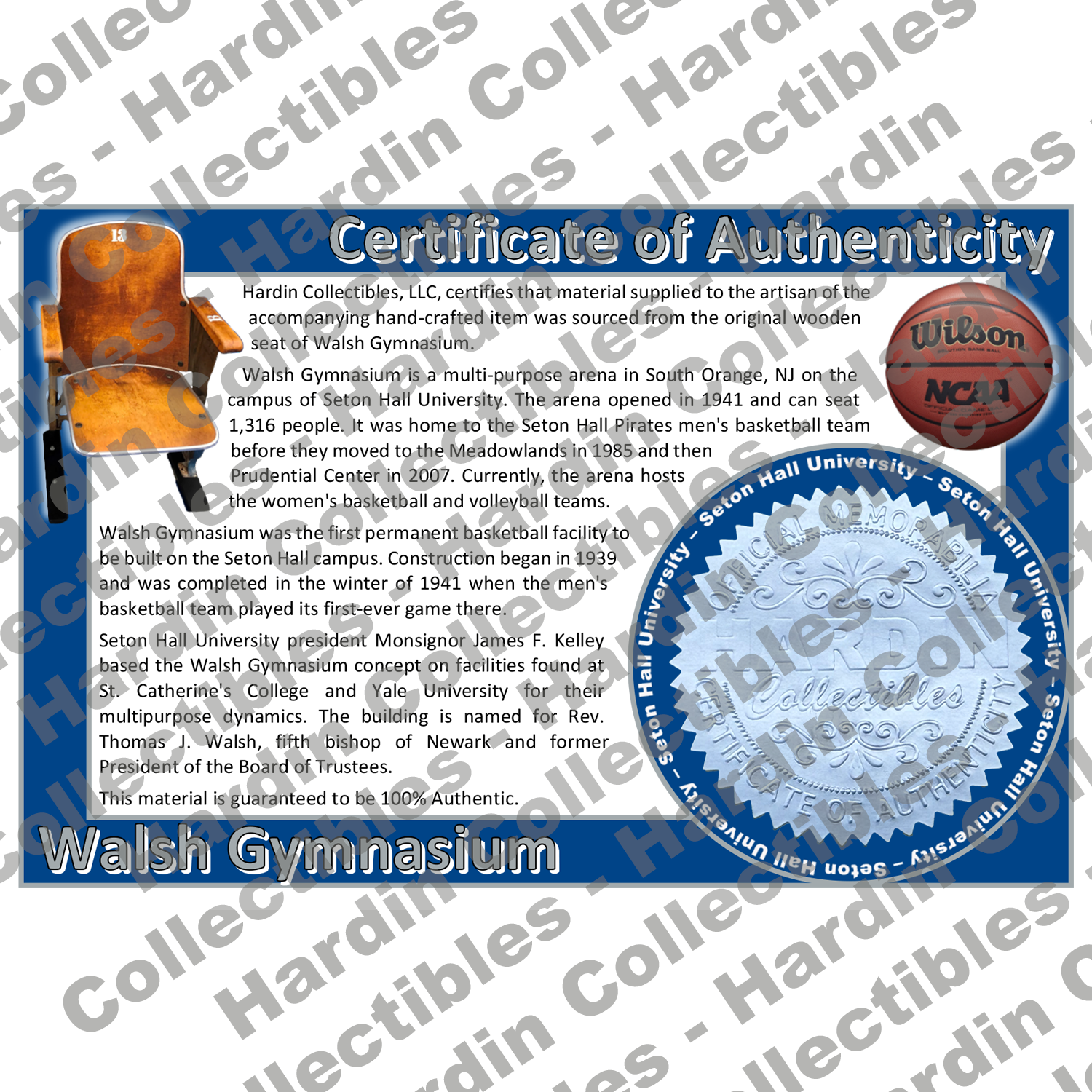 Image of certificate of authenticity for Walsh Gymnasium (Seton Hall Uniuversity) - front