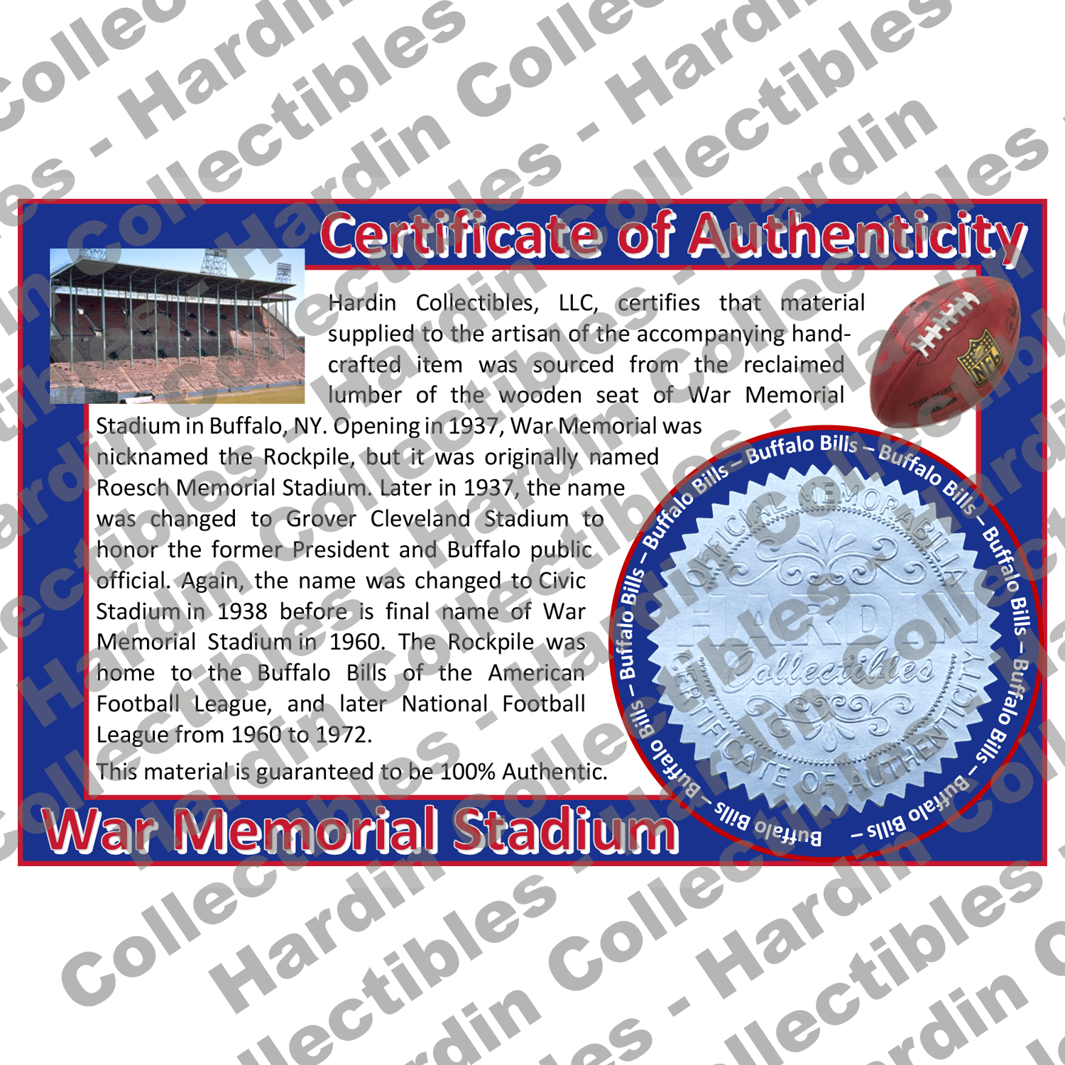 Image of certificate of authenticity for War Memorial Stadium (Buffalo Bills) - front