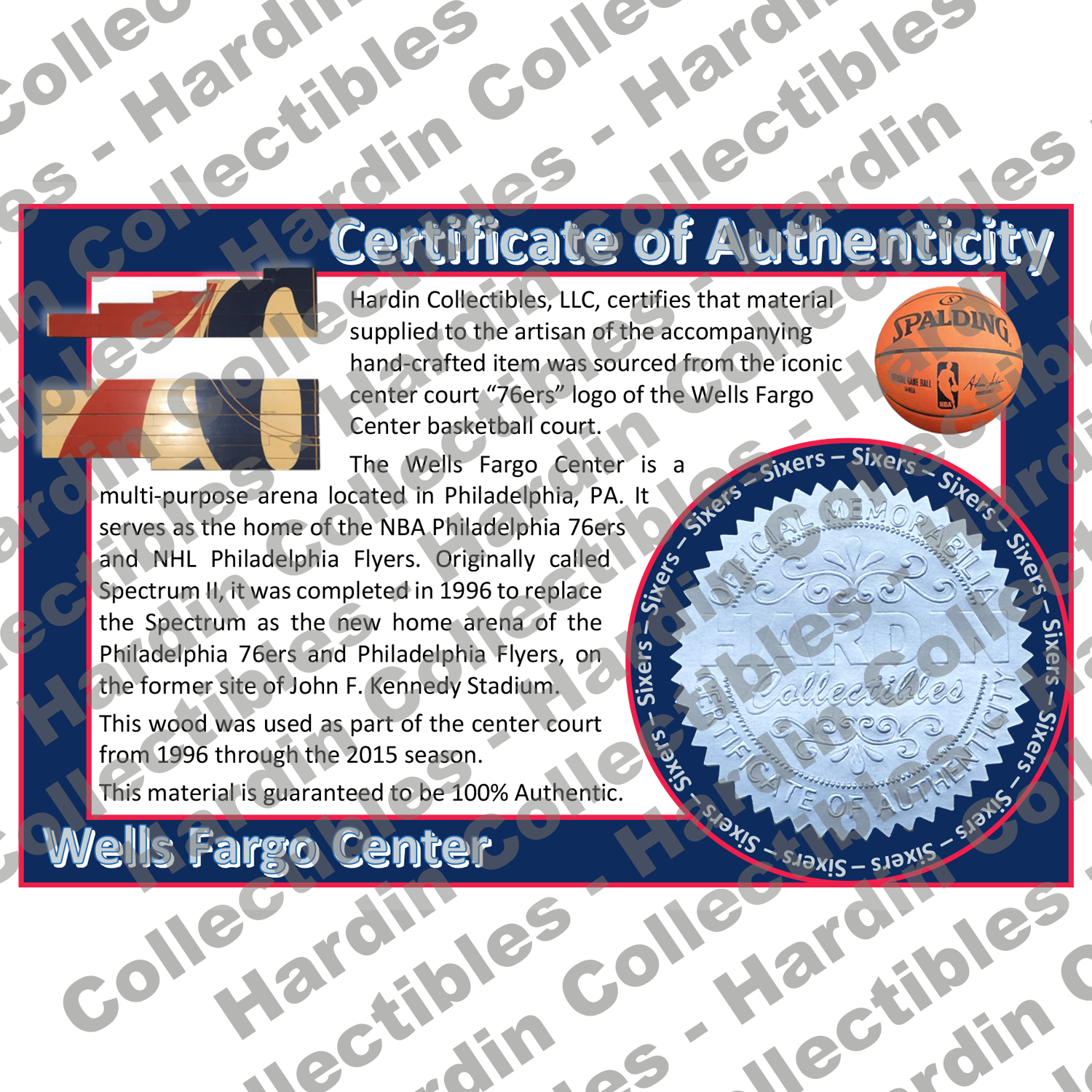 Image of certificate of authenticity for Wells Fargo Center [Basketball Floor] (Philadelphia 76ers) - front