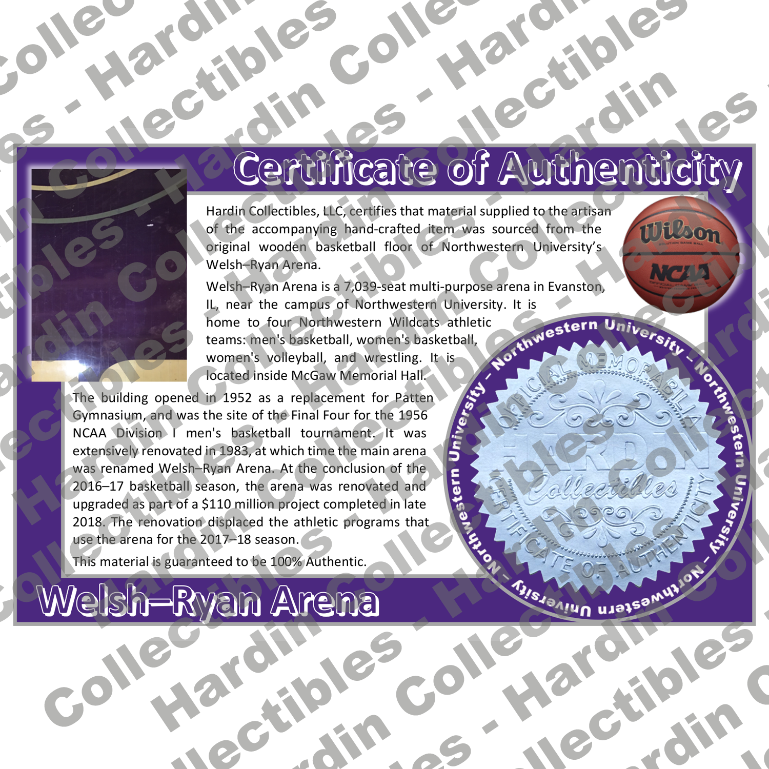 Image of certificate of authenticity for Welsh–Ryan Arena (Northwestern University) - front