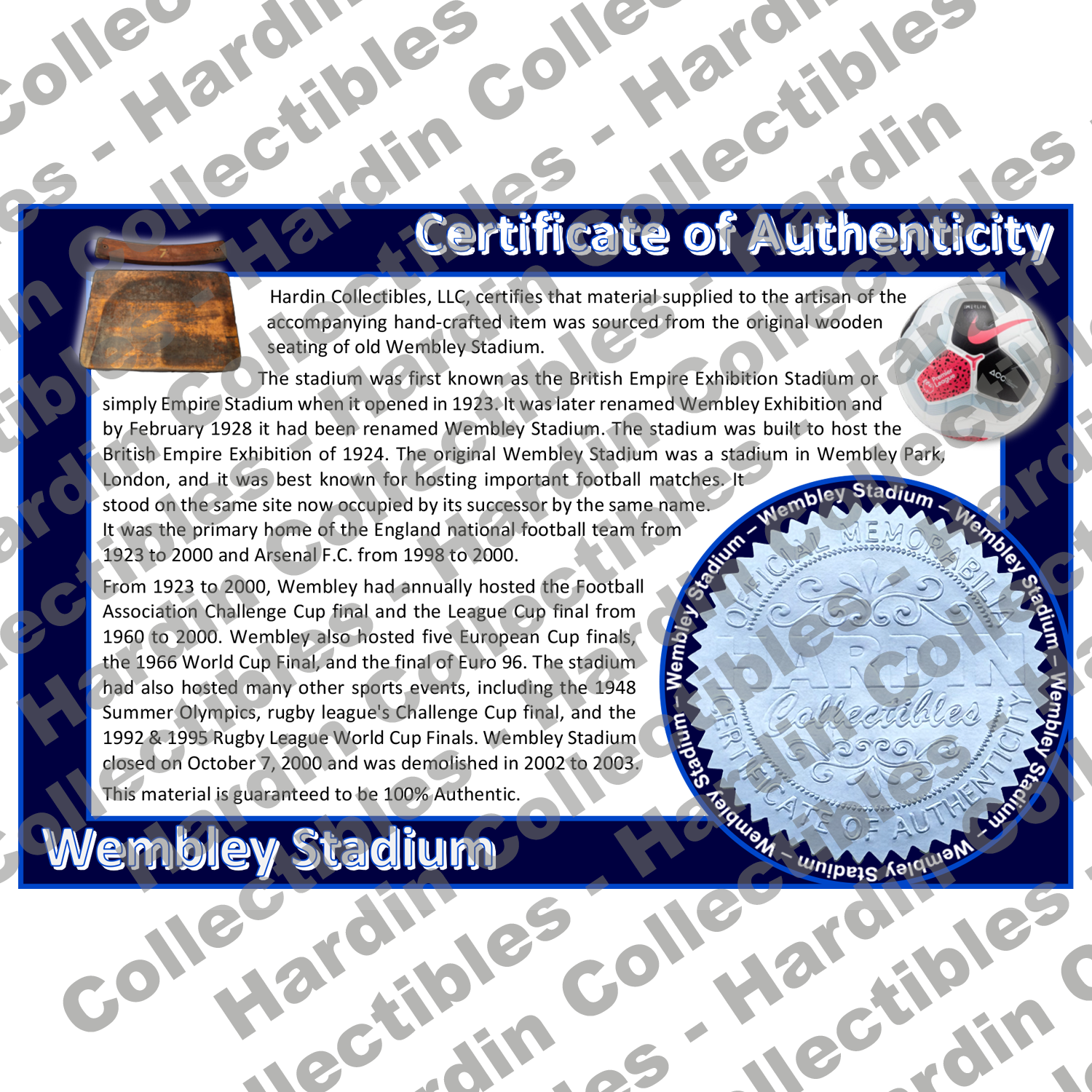 Image of certificate of authenticity for Wembley Stadium [1923] (England national football team & Arsenal F.C.) - front