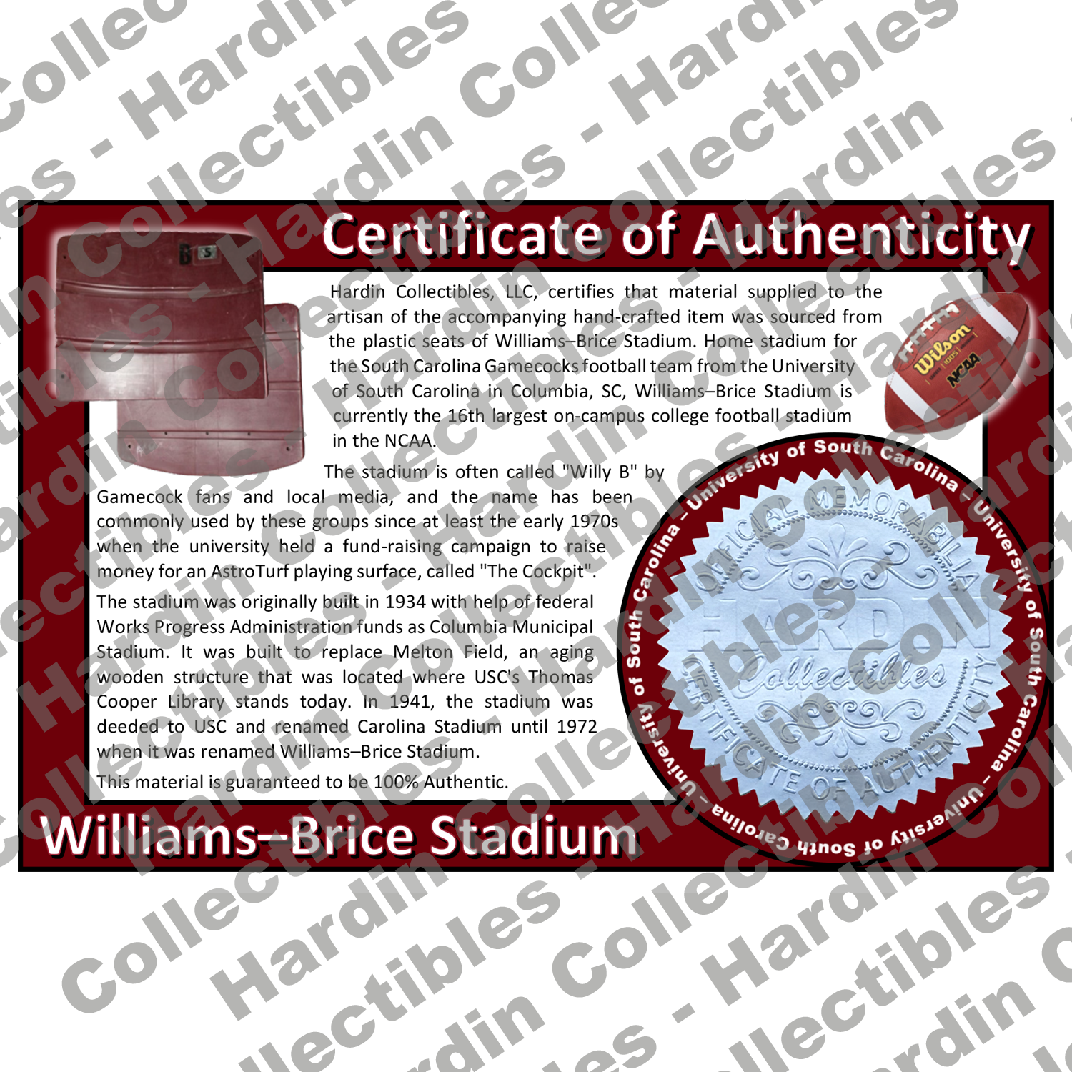 Image of certificate of authenticity for Williams Brice Stadium ( University of South Carolina) [Plastic Seats] - front